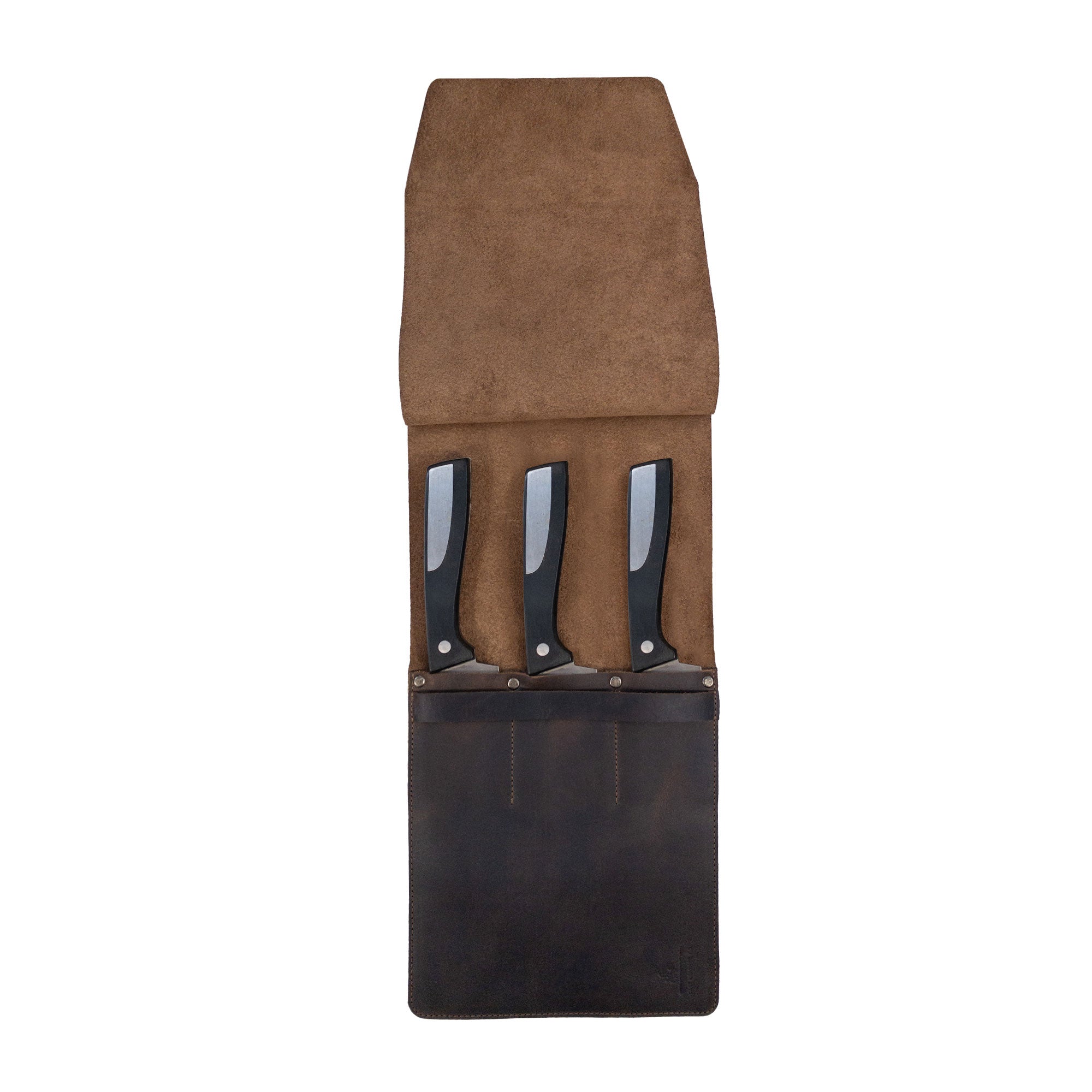 A beautifully crafted Knife Case with 3 Slots by Cast Leather Co., showcasing rustic storage for kitchen utensils. Made of full grain leather, this knife organizer features a sleek design, exemplifying small batch production with hand-cut and hand-sewn details, fire branded with artisan flair. Handmade in La Antigua Guatemala & Oaxaca Mexico.