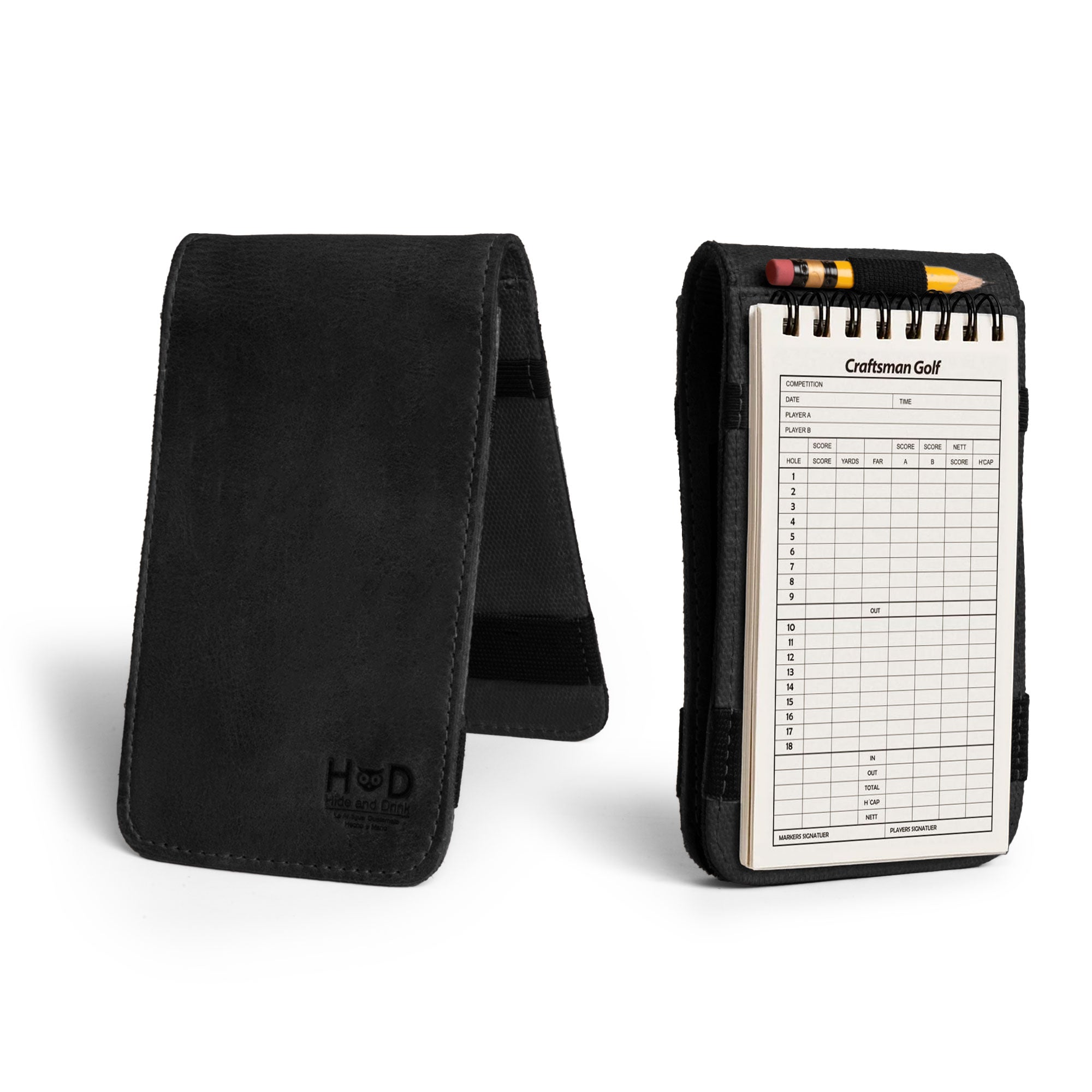 Stylish Golf Scorecard Holder from Hide & Drink featuring fine full grain leather and a sleek design. This practical Golf Performance Scorecard Holder serves beautifully as a Golf Card Holder and Yardage Book Cover. Proudly made artisan-style in La Antigua Guatemala, it highlights hand cut and hand sewn craftsmanship.