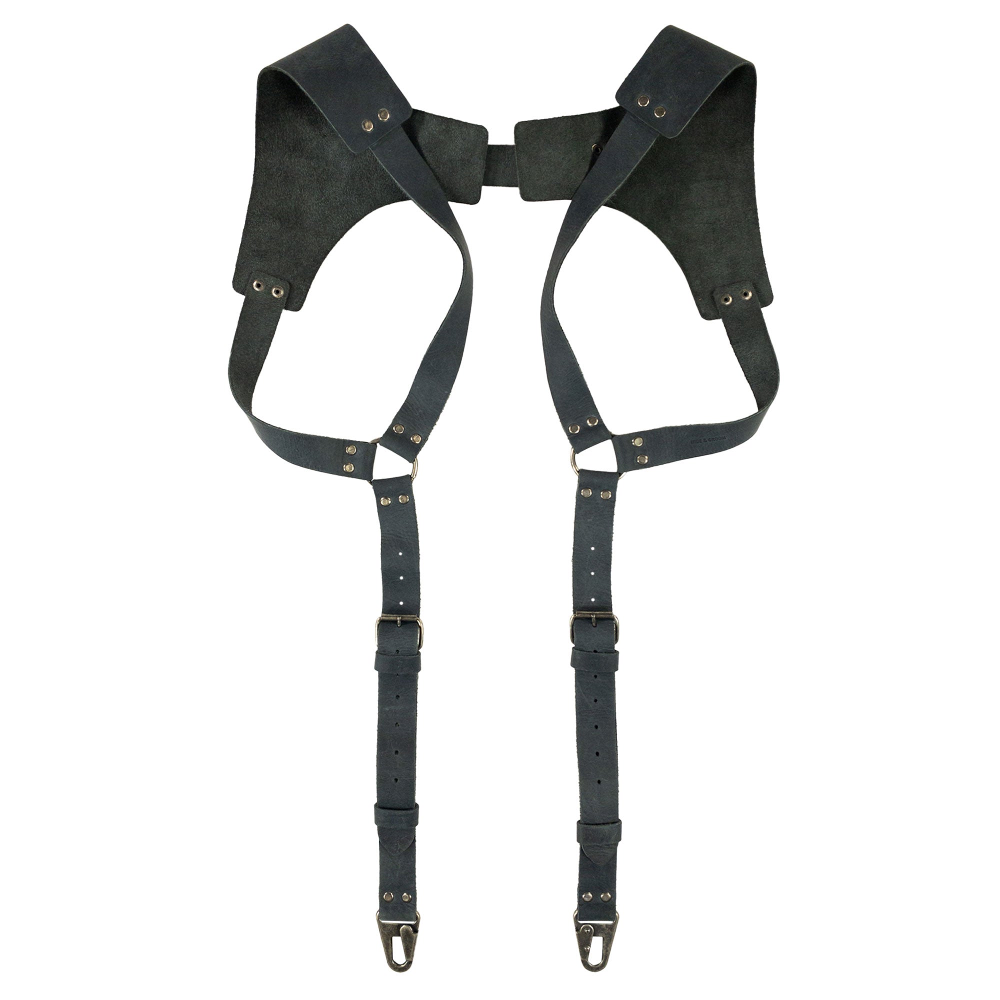 Front view of Vintage Renaissance Suspenders by Hide & Groom, crafted from luxurious full grain leather featuring adjustable straps and metal hooks. A prime choice for vintage aesthetic enthusiasts.