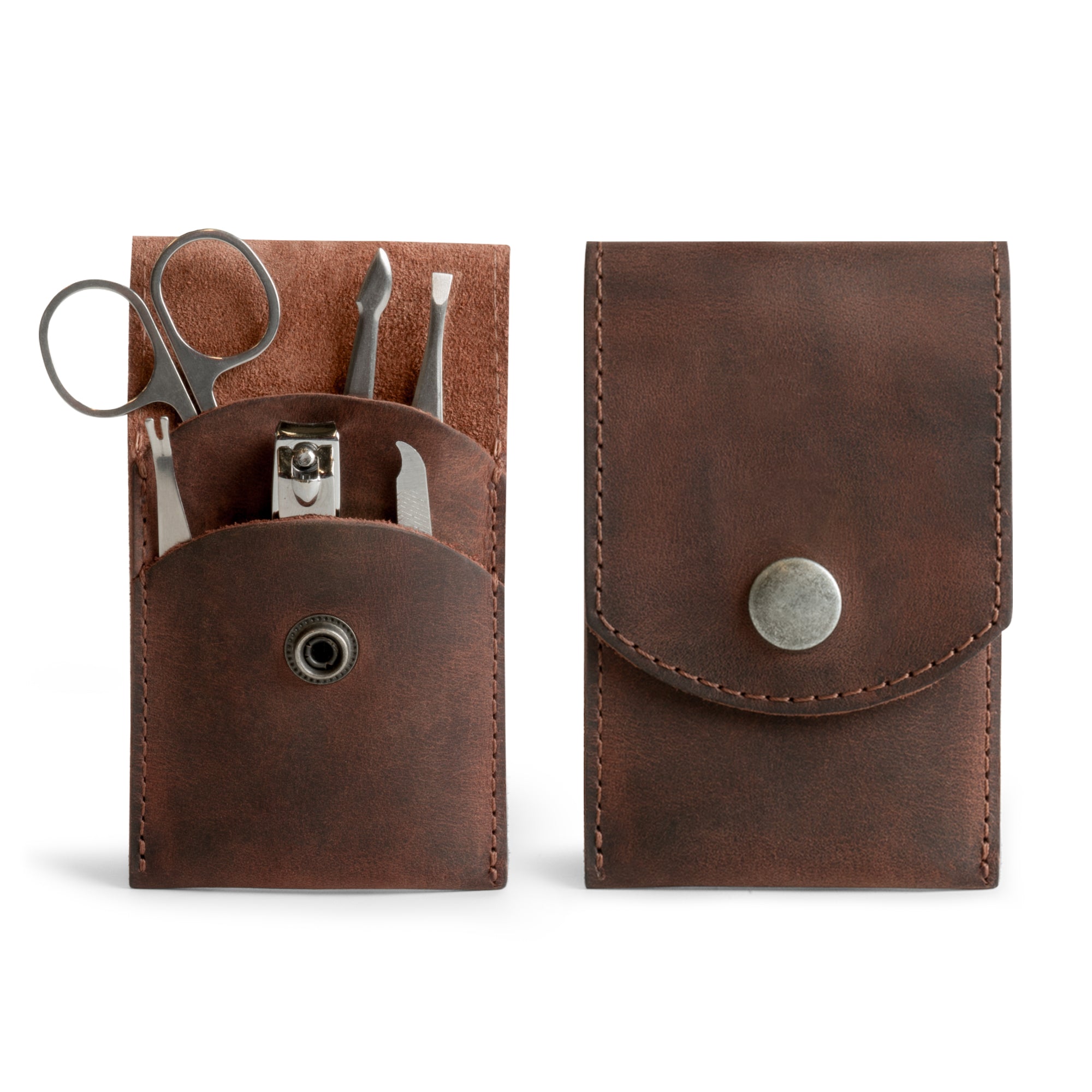 Hide & Drink Nail Clipper Case designed to hold grooming tools, featuring full grain leather and beautiful craftsmanship, perfect travel accessory for personal care essentials. This small batch production item is hand cut and hand sewn, fire branded, and proudly handmade in La Antigua Guatemala & Oaxaca Mexico.