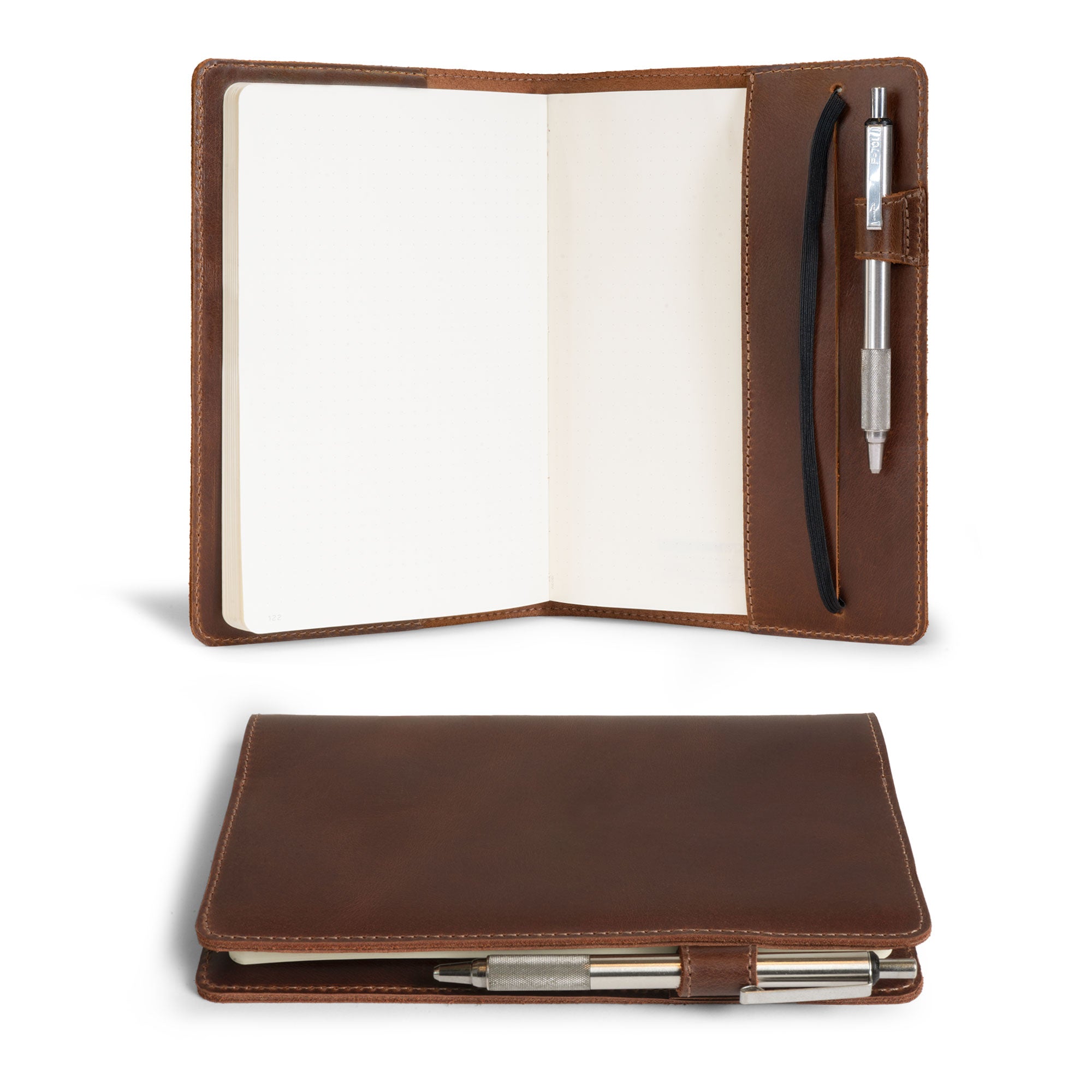 Open view of the Cover for Leuchtturm1917 Classic Notebook Hard Cover B6+ Size (125 x 190 mm) by Hide & Drink, showcasing a Journal Case crafted from Full Grain Leather, highlighting Small Batch Production and Artisan quality, handmade in La Antigua Guatemala and Oaxaca Mexico.