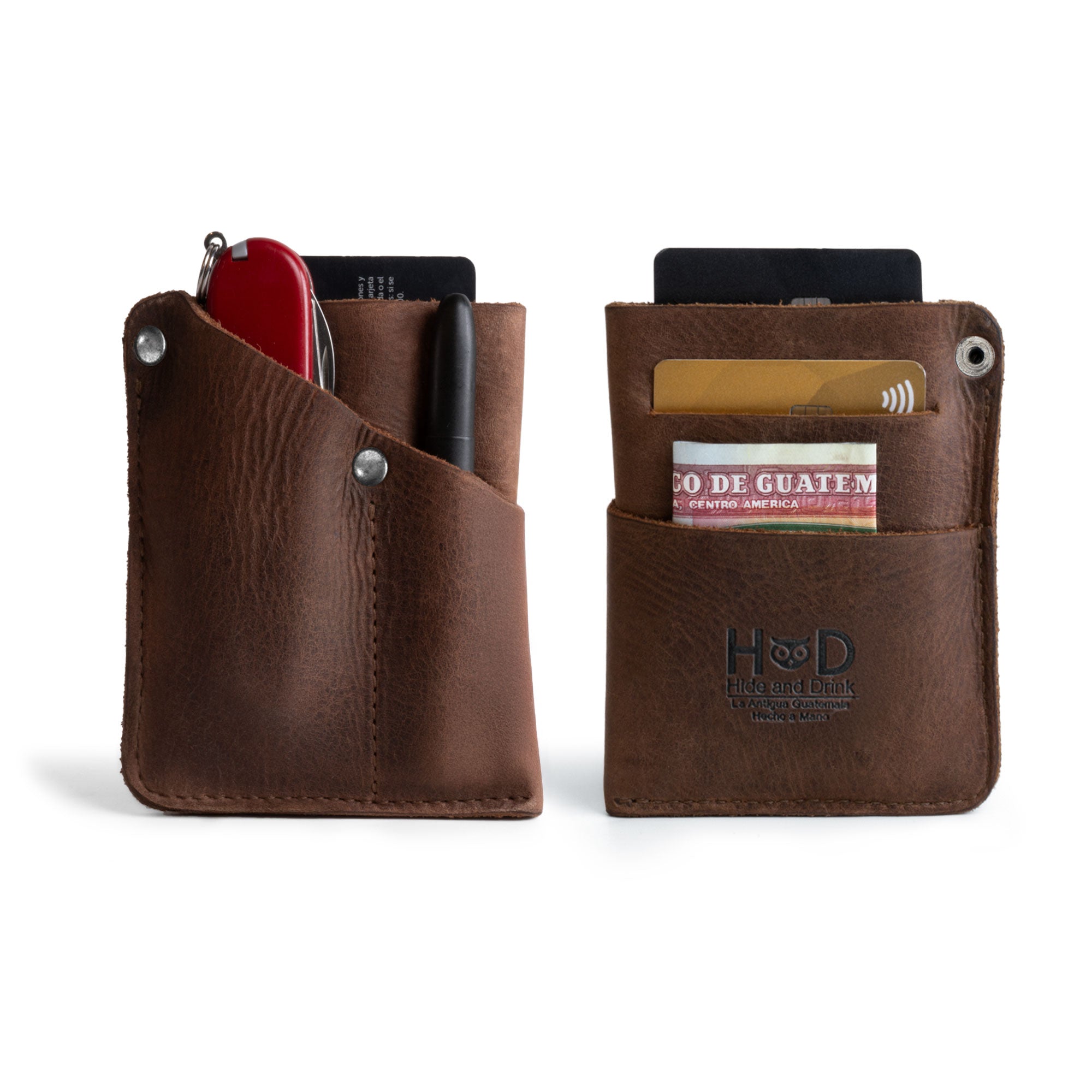 EDC Pocket Wallet by Hide & Drink showcasing a front pocket wallet designed for quick access, made from full grain leather. This artisan handmade multitool pouch, card holder, and money organizer is a perfect travel accessory, reflecting small batch production and expert craftsmanship, hand cut, hand sewn, and fire branded in La Antigua Guatemala & Oaxaca Mexico.