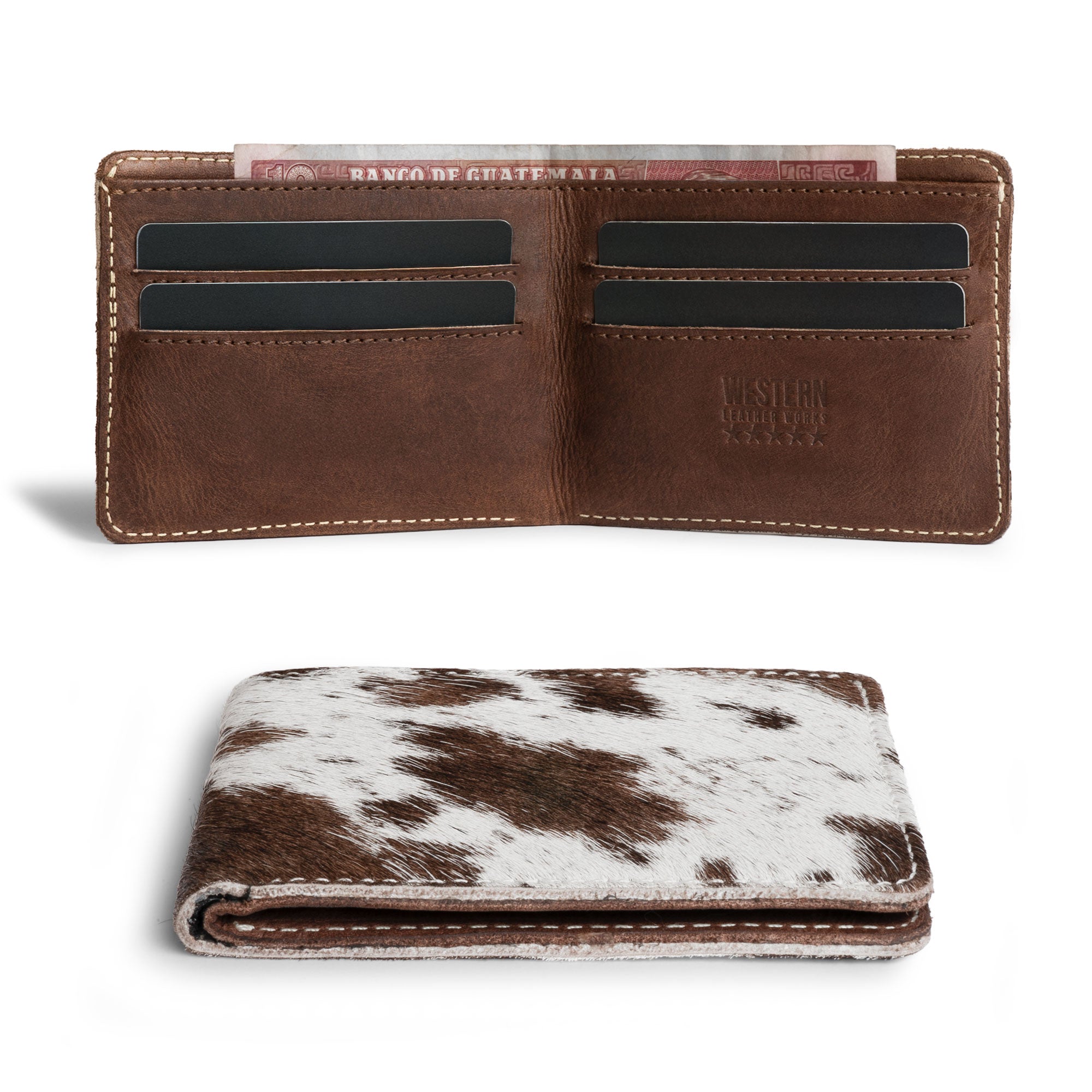 Front view of the Classic Cowboy Wallet from Western Leather Works showcasing unique hair-on-hide leather, highlighting its Artisan craft and small batch production. Classic Wallet, Business Card & Money Holder, Compact Pocket Organizer, Cowboy Style, Full Grain Leather, StockyardX, Hand Cut, Hand Sewn, Fire Branded, Handmade in La Antigua Guatemala & Oaxaca Mexico.
