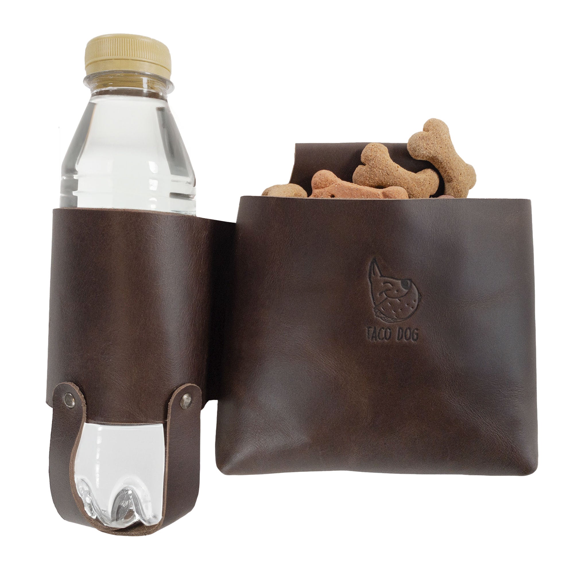 Taco Dog Dog Treat Bag with Bottle Slot featuring a water bottle and dog treats, perfect for pet training. This Dog Treat Pouch with Bottle Slot is made from Full Grain Leather, designed for ease of use with a convenient belt loop. Ideal as a Treat Bag for Pet Training, it showcases Small Batch Production and Artisan craftsmanship, being Hand Cut, Hand Sewn, and Fire Branded, ensuring quality and durability. Handmade in La Antigua Guatemala & Oaxaca Mexico.