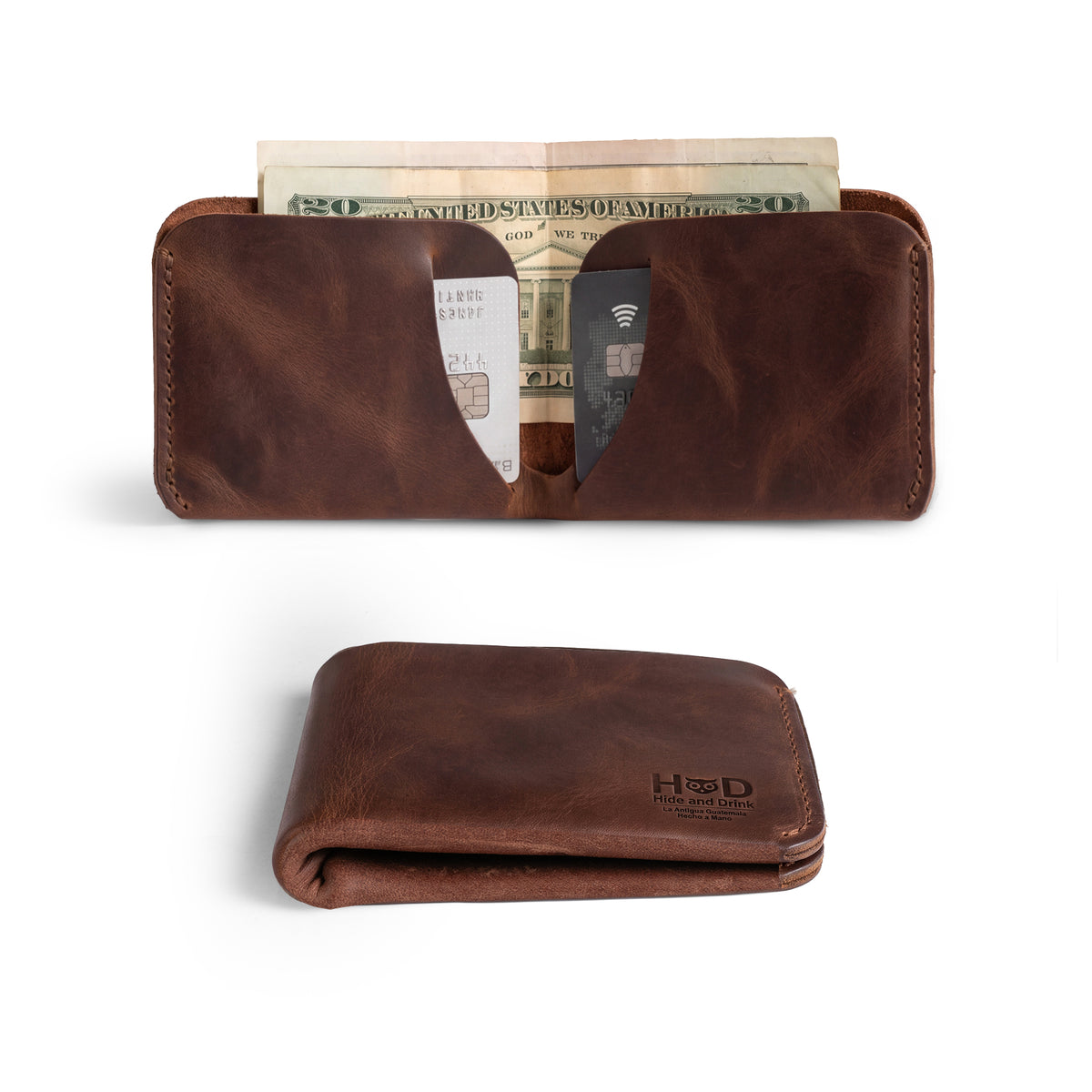 Inside view of the Hide & Drink Minimal Wallet showcasing space for cards and cash, made from Full Grain Leather. This Classic Slimfold Wallet serves as a stylish Card Organizer Holder and essential Travel Accessory. Hand Cut, Hand Sewn, and Fire Branded, it’s an Artisan, Handmade piece produced in La Antigua Guatemala & Oaxaca Mexico.