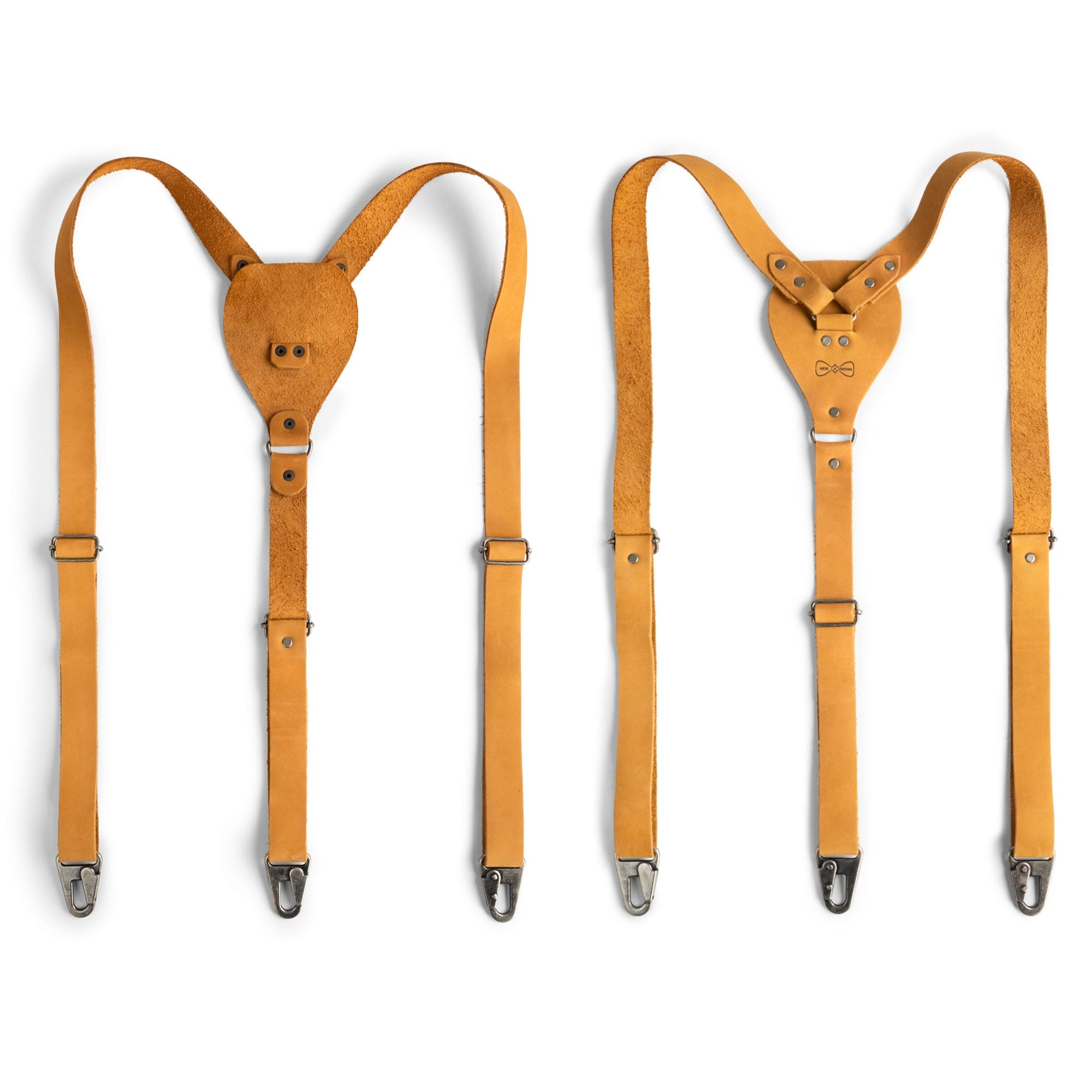 Dual yellow Drop Shaped Suspenders by Hide & Groom made of premium Full Grain Leather; featuring adjustable straps for men, representing the finest artisan craftsmanship from La Antigua Guatemala & Oaxaca Mexico.
