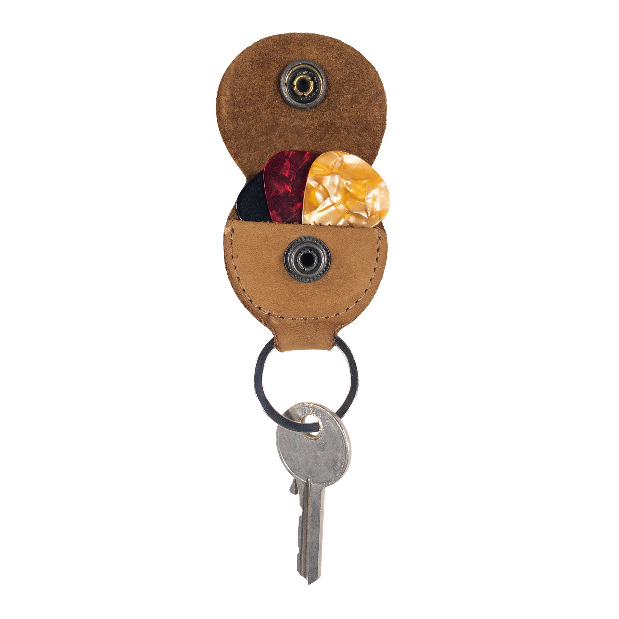 Hide & Drink Key Chain & Guitar Pick Holder, featuring an elegant design perfect for organizing keys and picks. Made from Full Grain Leather, this artisan key organizer is great for guitar players, showcasing handmade production from La Antigua Guatemala & Oaxaca Mexico.