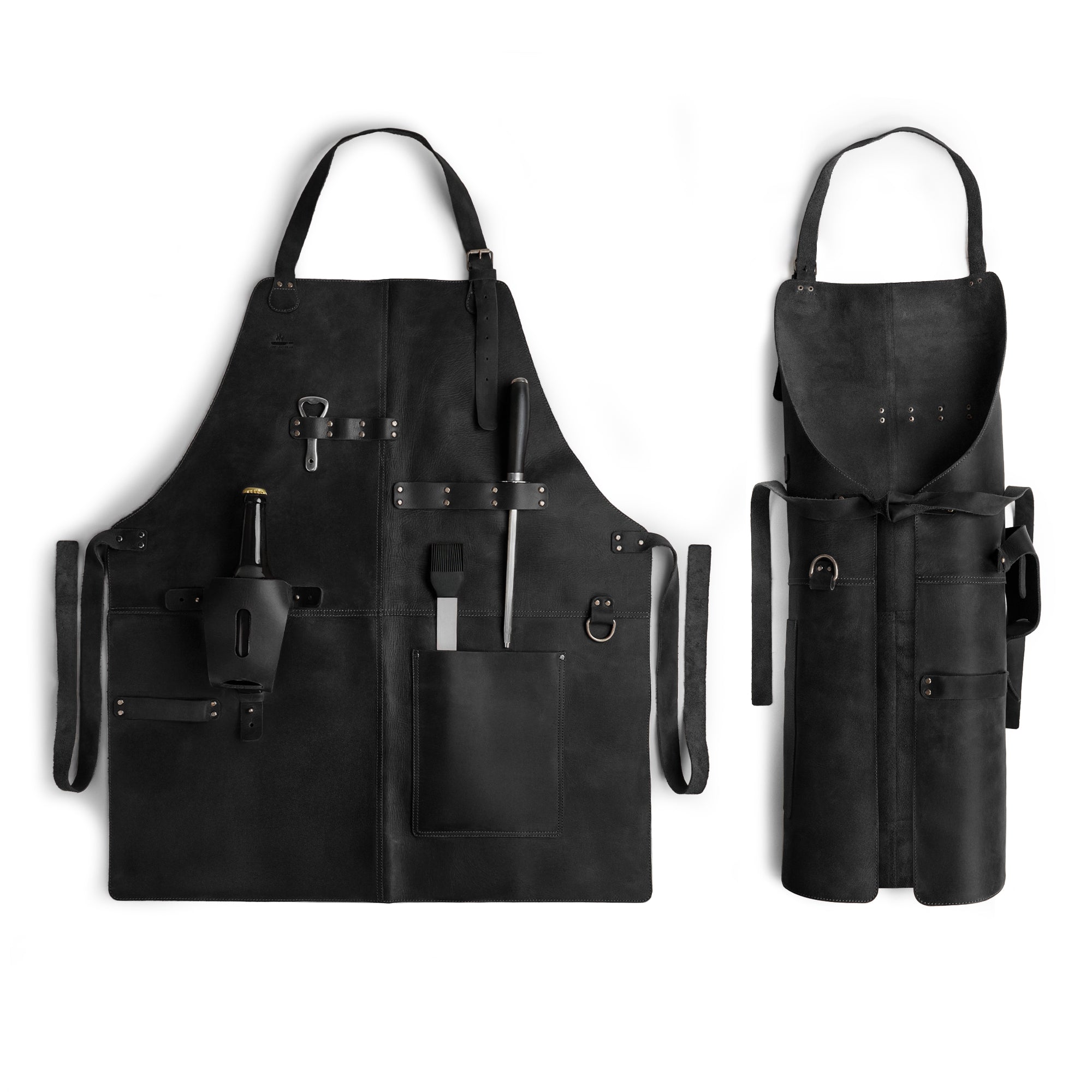Cast Leather Co. BBQ Apron in black, emphasizing its rustic look and adjustable neck strap. This full grain leather chef apron is crafted for cooking enthusiasts, showcasing artisan handmade quality from La Antigua Guatemala & Oaxaca Mexico.
