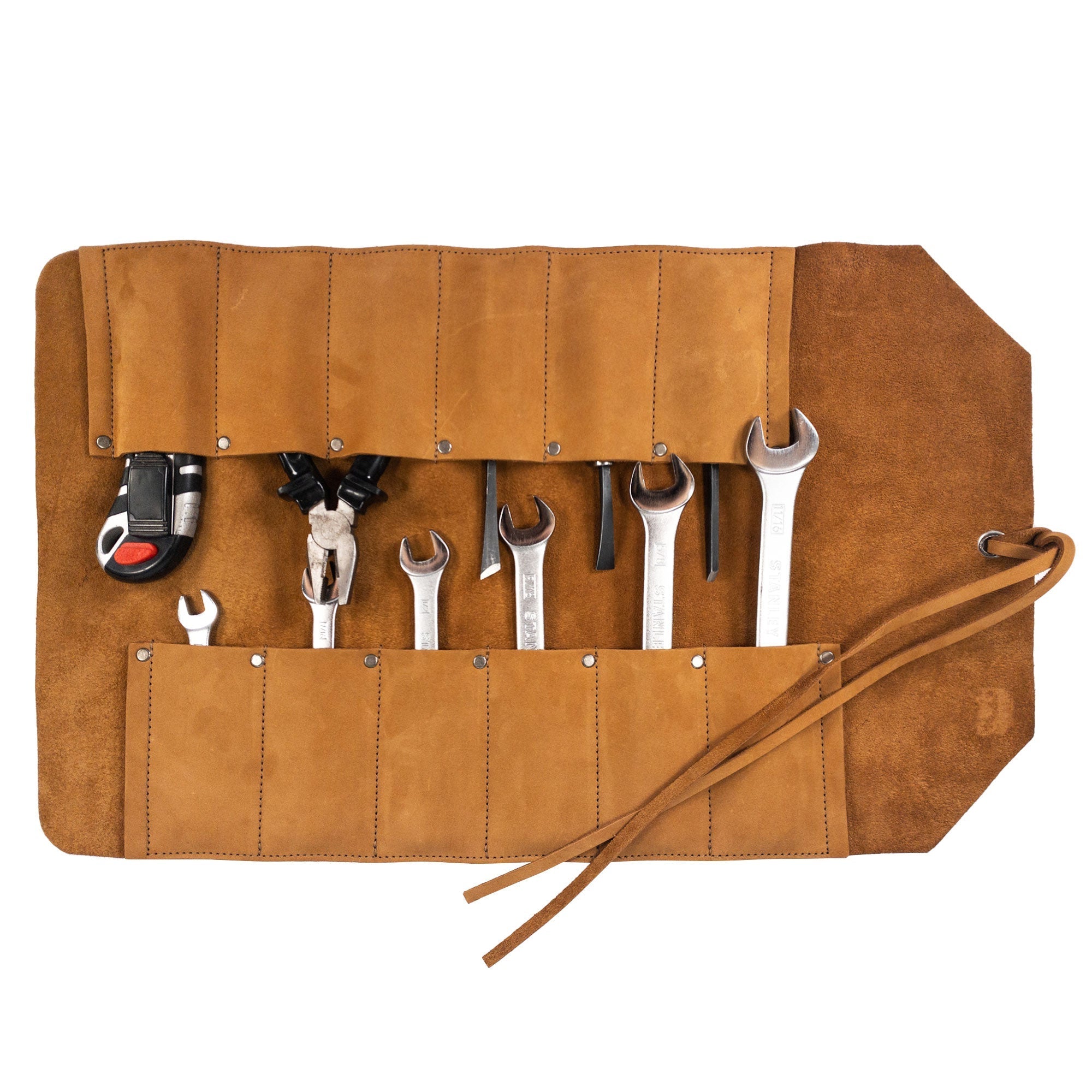Hide & Drink Tool Roll (12 Pockets): Clean and tidy appearance of the leather tool roll, showcasing its elegant design and preservation of tools. Tool Bag Roll Up, 12 Slot Heavy Duty Tool Roll Bag Organizer, Tool Roll Up Bag, Portable Tool Wrap Roll Bags for Travel, Durable Tool Kit Folding Tool Pouch Roll Up Mechanic Gifts for Men, Full Grain Leather, StockyardX, Small Batch Production, Hand Cut, Hand Sewn, Fire Branded, Artisan, Handmade in La Antigua Guatemala & Oaxaca Mexico.