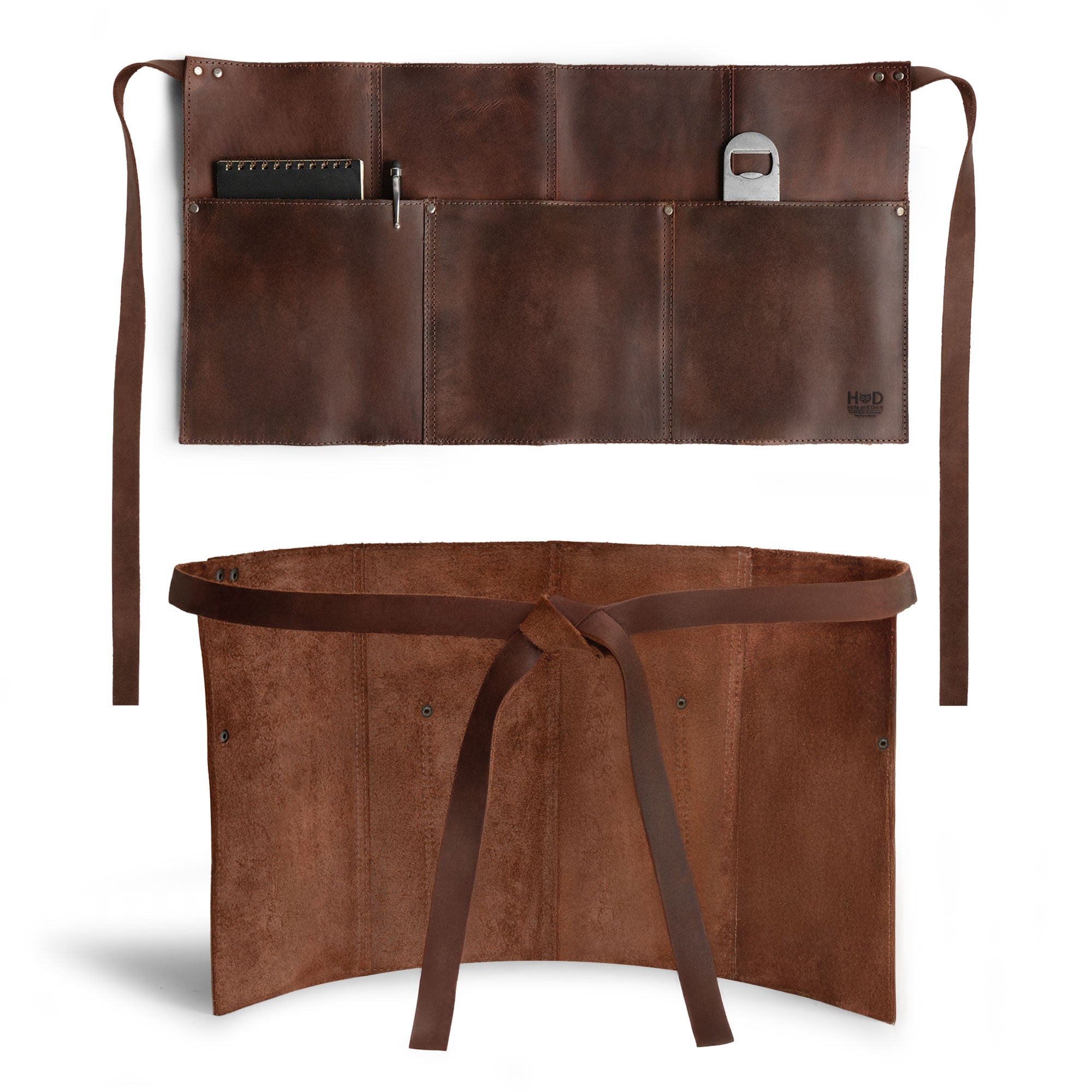 Hide & Drink Barista Leather Waist Apron featuring riveted pockets, designed as waitress and waiter accessories, crafted from full grain leather through small batch production. Handmade in La Antigua Guatemala & Oaxaca Mexico.