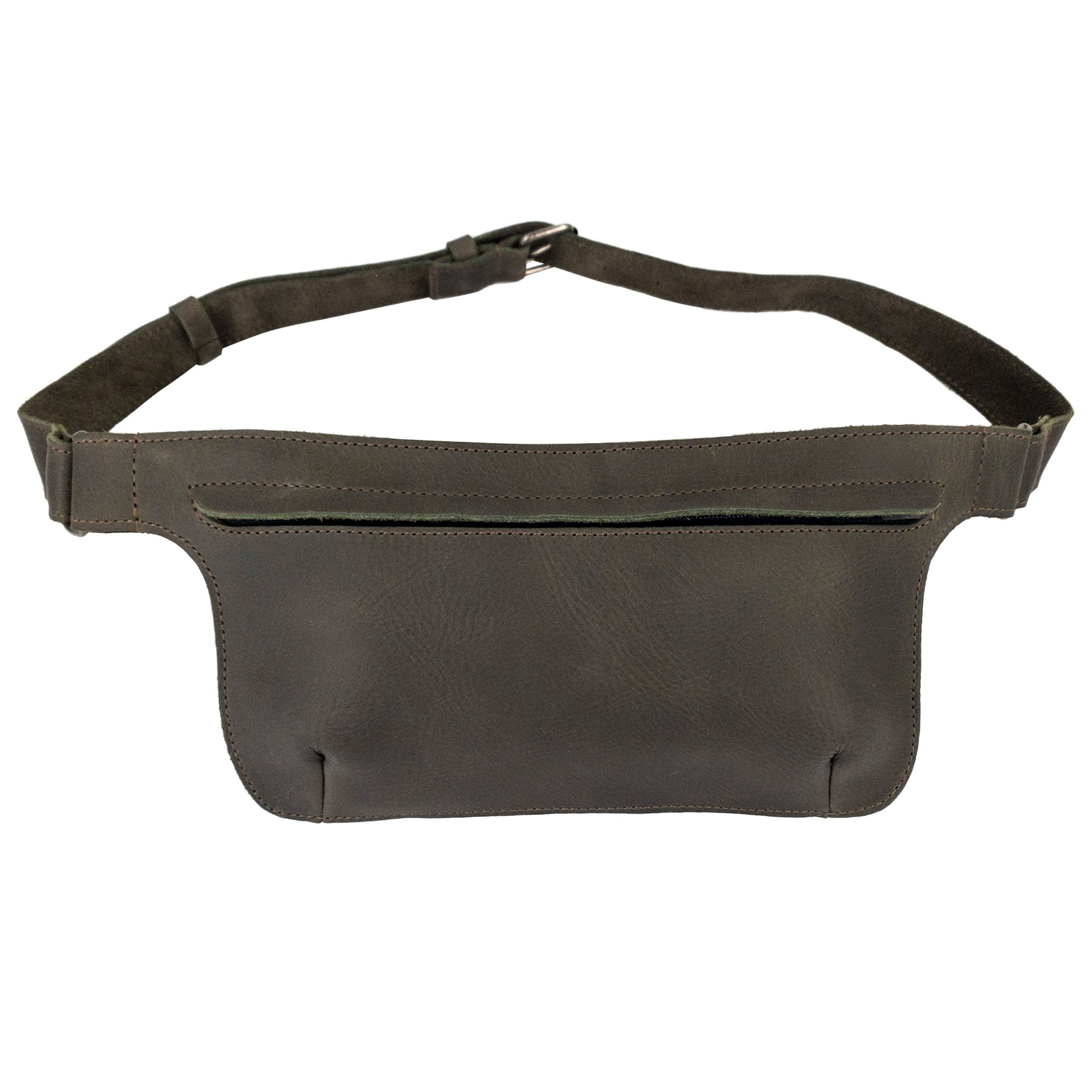 Slim Fanny Pack by Hide & Drink illustrated in a natural light setting, highlighting the fine leather details in its design. This handcrafted accessory is made from full grain leather and ideal for carrying essentials.