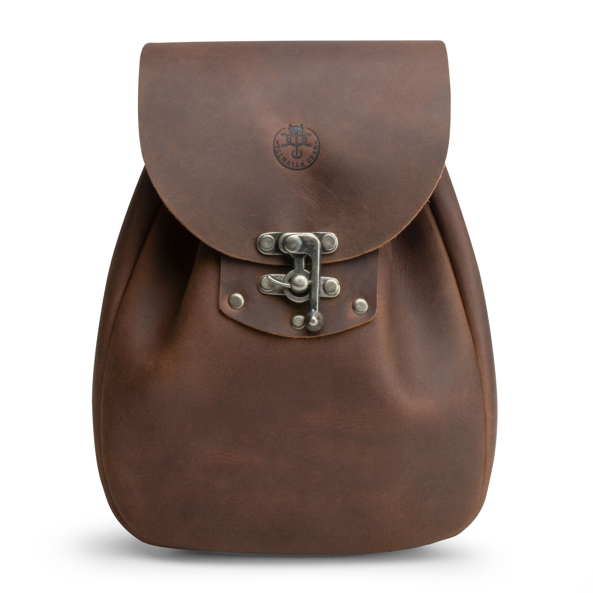 Front view of a Full Grain Leather Medieval Style Belt Bag by Valhalla Gear, showcasing its unique design and hardware. Perfect as a Waist Bag or Camping Pouch for Essentials, this Artisan piece is part of Small Batch Production, Hand Cut, Hand Sewn, and Fire Branded, highlighting its Handmade quality in La Antigua Guatemala & Oaxaca Mexico.
