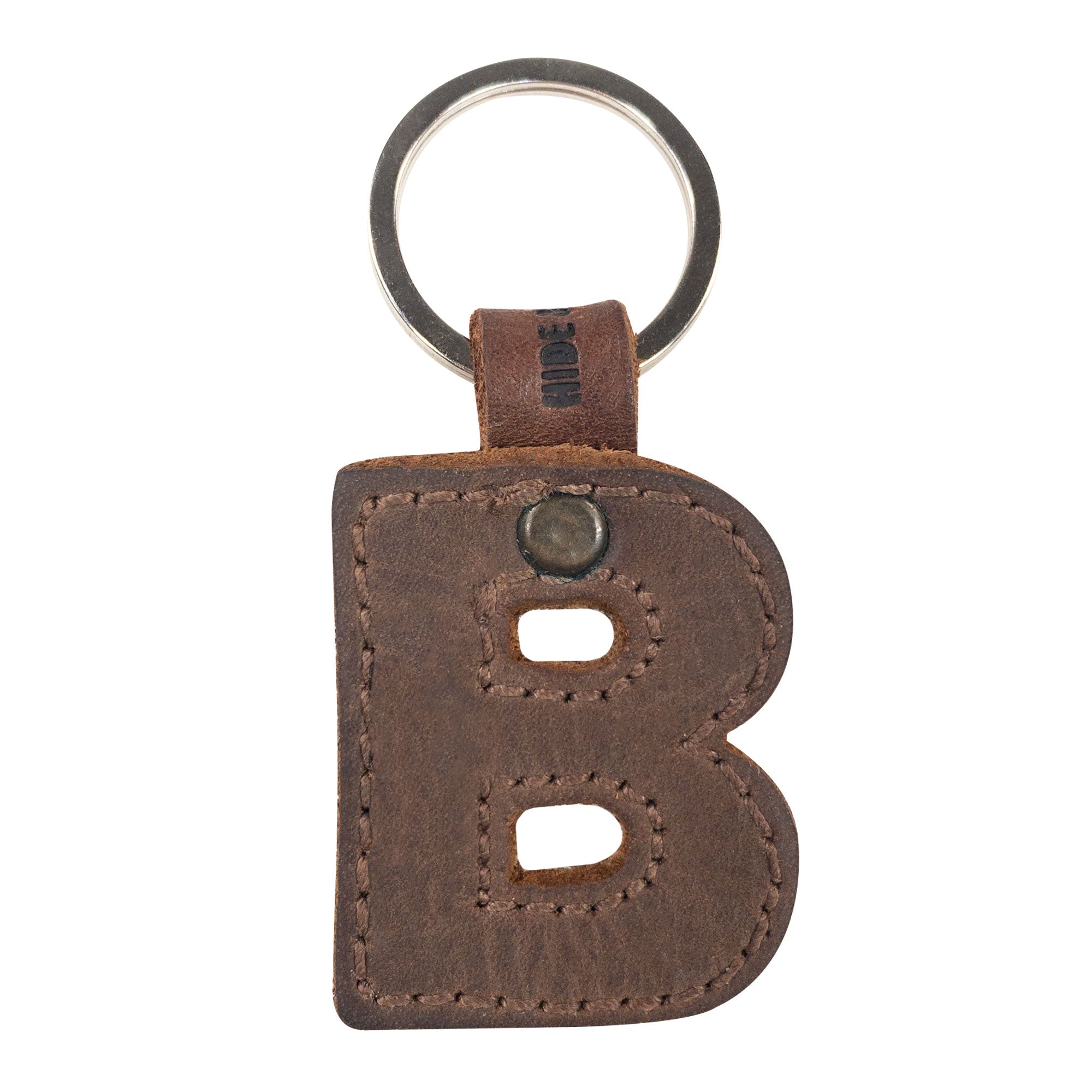Elegant 'B' thick leather Alphabet Letter Keychain from Hide & Drink, showcasing quality construction. Ideal for key personalization, handcrafted by artisans in La Antigua Guatemala.