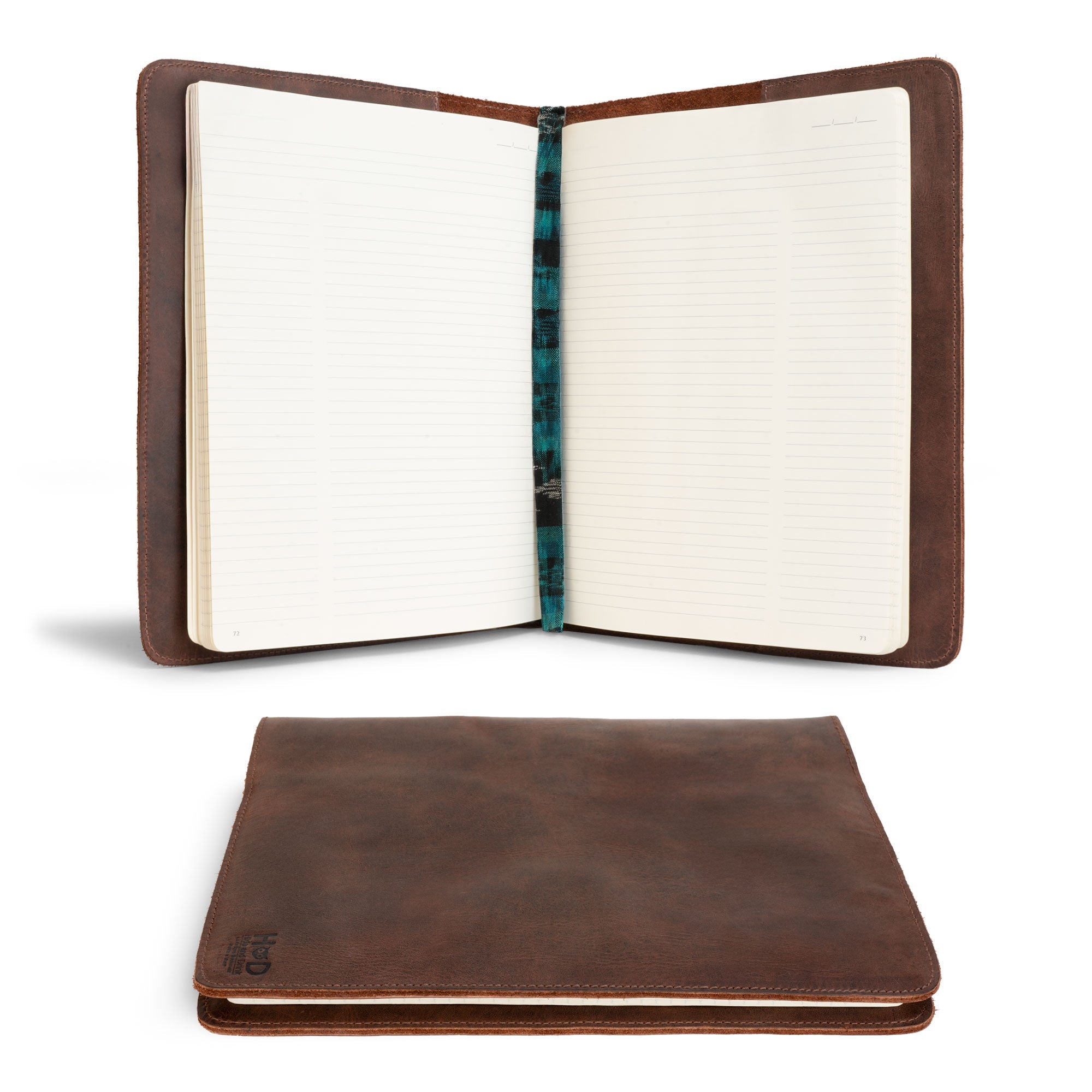 Open view of the Journal Cover for (8.5 x 11 in.) Moleskine Cahier XXL, showcasing its full grain leather design by Hide & Drink. This stylish journal cover is a genuine protector, perfect for keeping your notebook safe. Features high-quality craftsmanship with small batch production, hand-cut, and hand-sewn details, made in La Antigua Guatemala & Oaxaca Mexico.