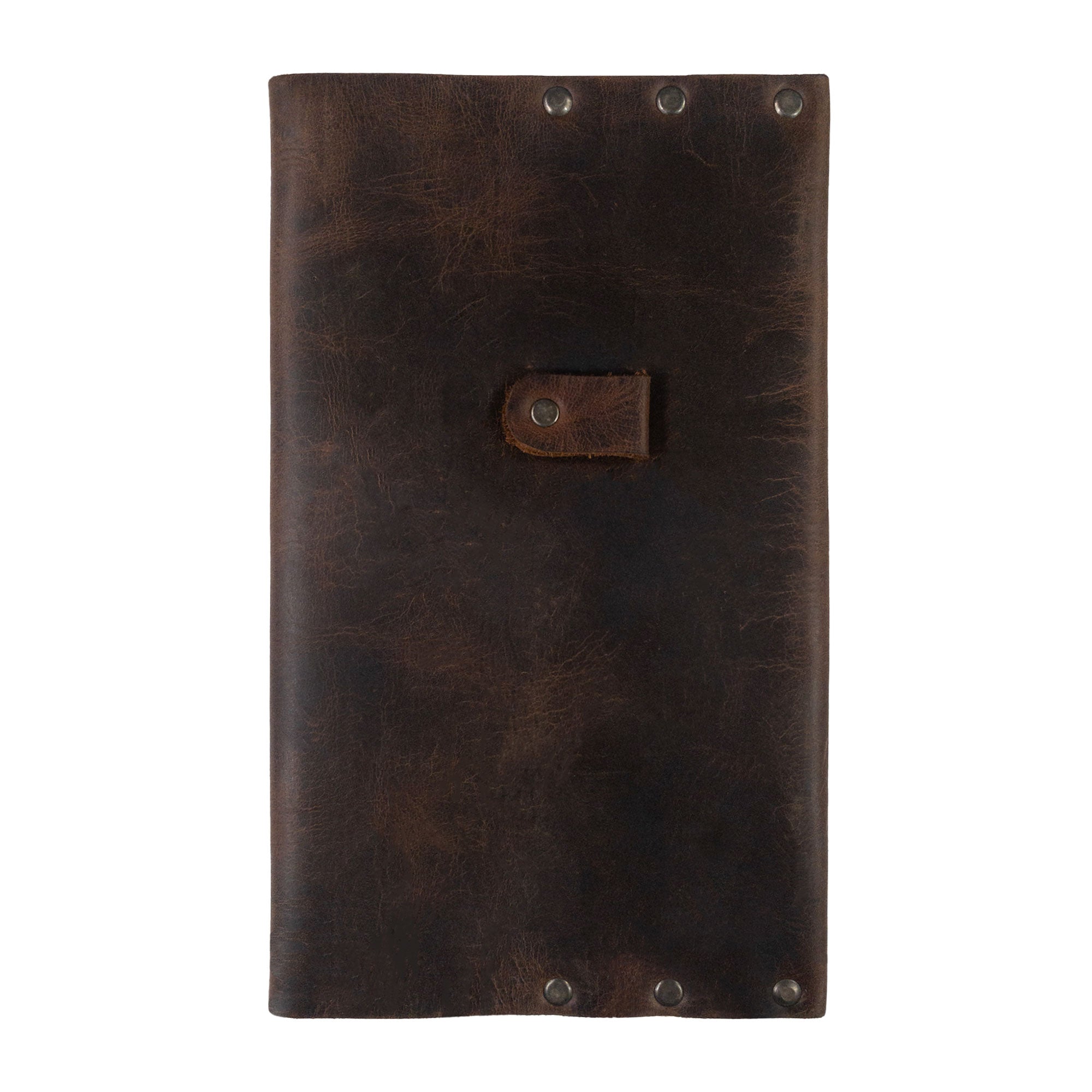 Hide & Drink's Riveted Journal Cover (5 x 8.50 in.) (Notebook Not Included) features a classic sleeve design made from vintage style full grain leather. This handmade artisan product showcases small batch production techniques with hand cut and hand sewn details, fire branded for authenticity, all crafted by skilled artisans in La Antigua Guatemala & Oaxaca Mexico.