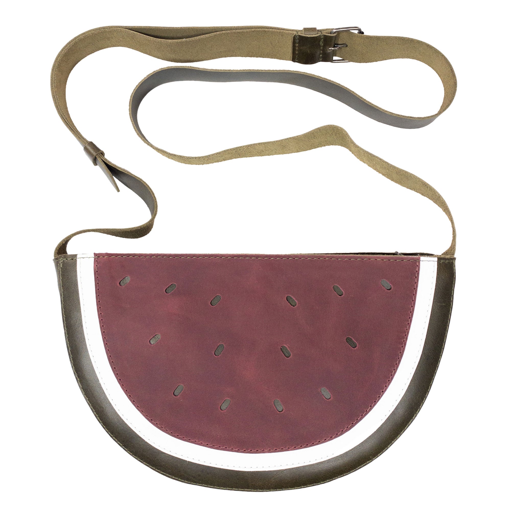 Watermelon-Shaped Shoulder Bag by Tudi Frudi featuring an adjustable strap, perfect for everyday use as a Crossbody Bag. This stylish Messenger Bag is crafted from high-quality Full Grain Leather, showcasing artisan techniques of small batch production, hand cut, hand sewn, and fire branded. Handmade in La Antigua Guatemala & Oaxaca Mexico.
