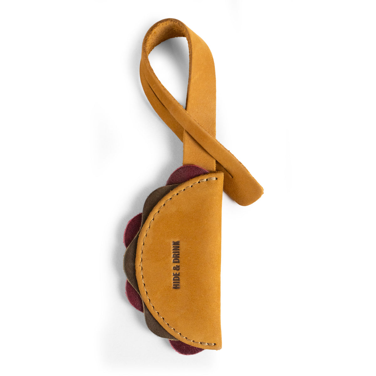 Hide & Drink Taco Bag Charm close-up, crafted from Full Grain Leather with Small Batch Production, Hand Cut, Hand Sewn, Fire Branded Artisan details, Handmade in La Antigua Guatemala & Oaxaca Mexico, available from StockyardX.