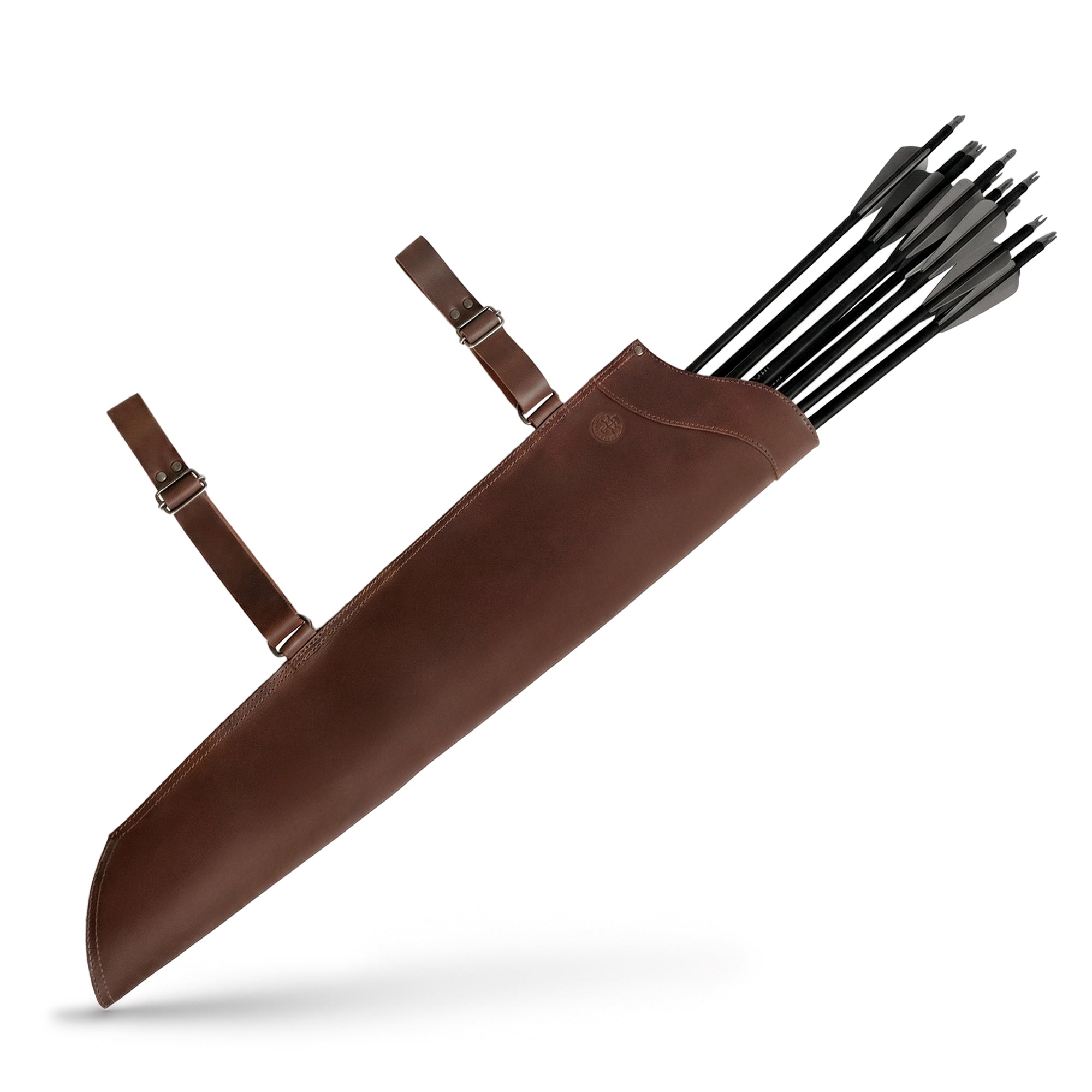 The Yeoman, Sling Arrow Quiver is depicted in this image as a premium full grain leather quiver designed for archery enthusiasts. Made by Valhalla Gear, it showcases artisan craftsmanship with hand-cut and hand-sewn details, featuring fire branded elements. A stylish and functional accessory for both practice and hunting, it highlights the quality of small batch production, handmade in La Antigua Guatemala & Oaxaca Mexico.