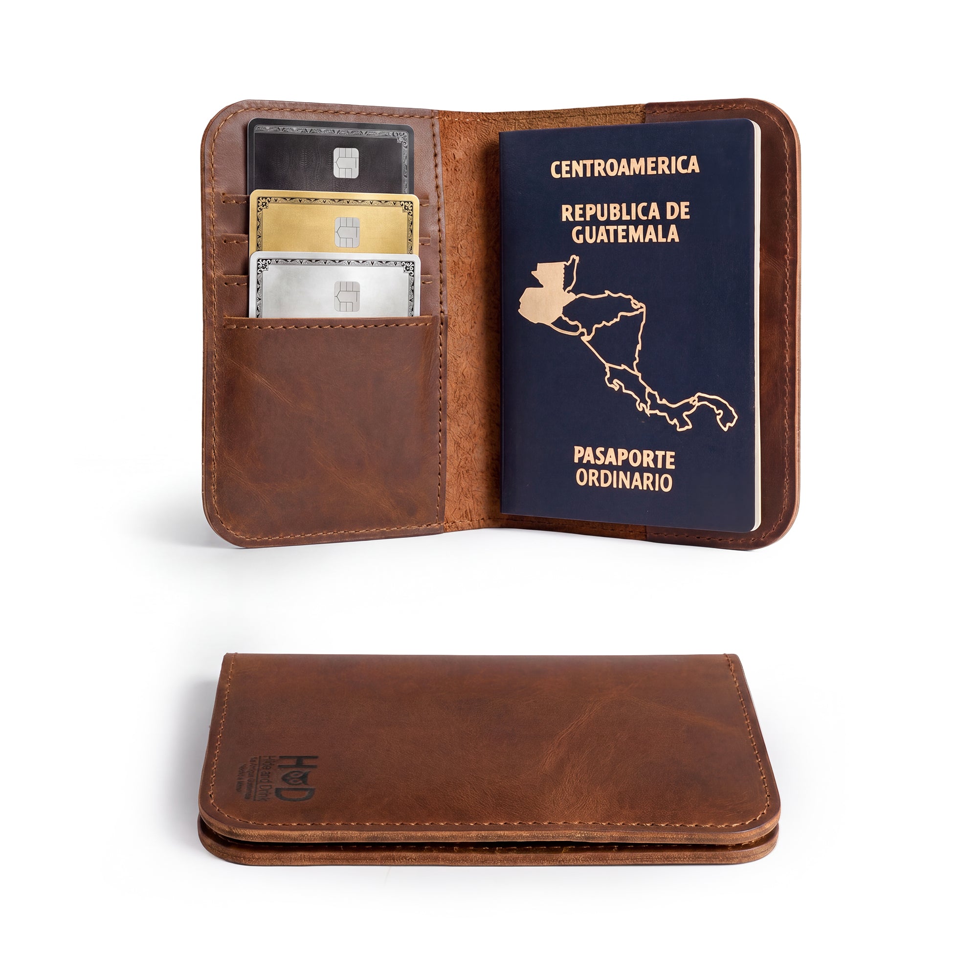 Inside view of the Hide & Drink Travel Wallet, showcasing the bifold design with card slots, perfect as a passport case and money holder for travel accessories. Made from full grain leather, artisan crafted in La Antigua Guatemala.
