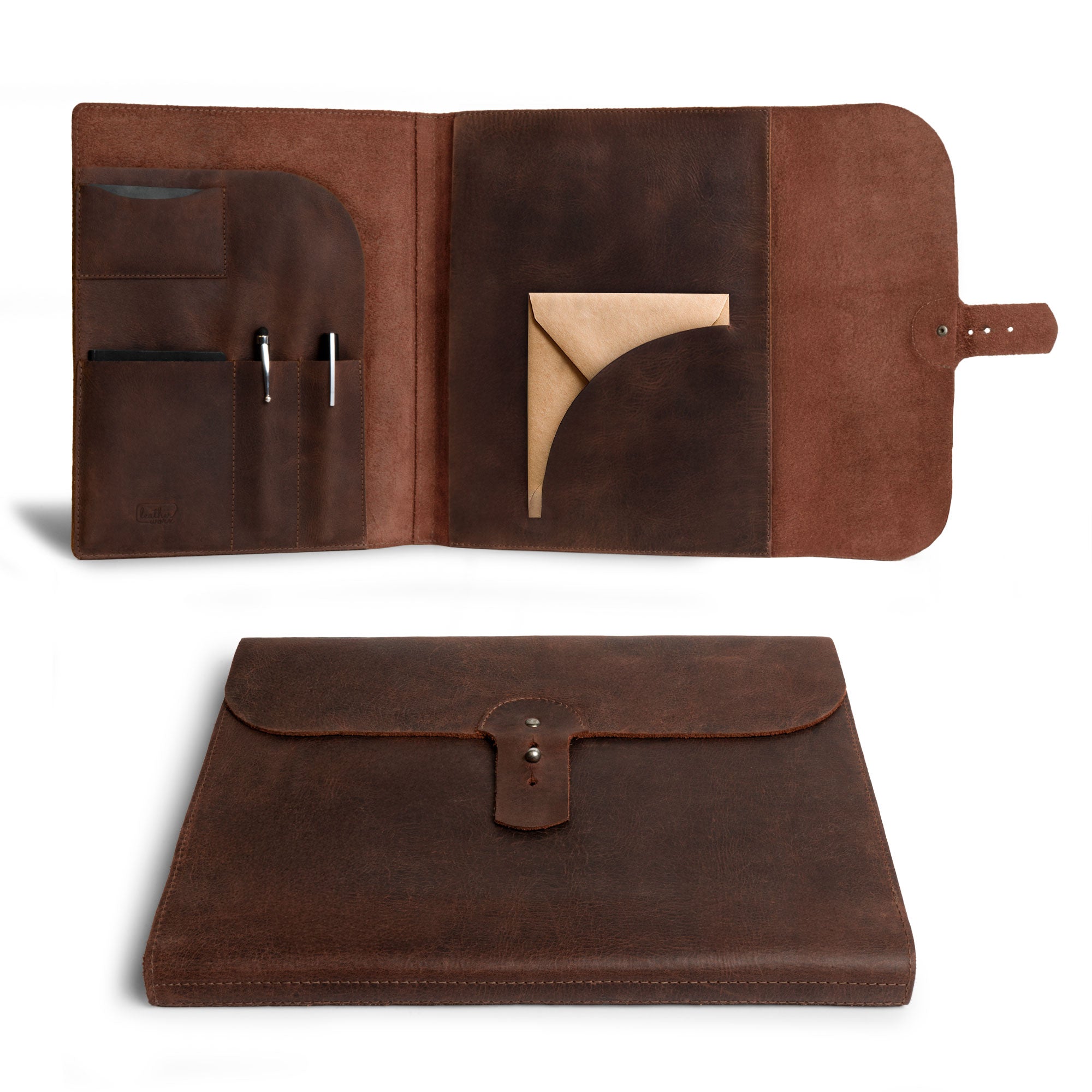 Leather Worx Portfolio Moleskine Cover (8.5 x 11 in.) showcased open to reveal compartments for pens and documents, featuring Full Grain Leather craftsmanship. Perfect as a Moleskine Cover (8.5 x 11 in.) Executive Portfolio for Business or a Personal Planner for Men & Women, handcrafted in La Antigua Guatemala & Oaxaca Mexico.