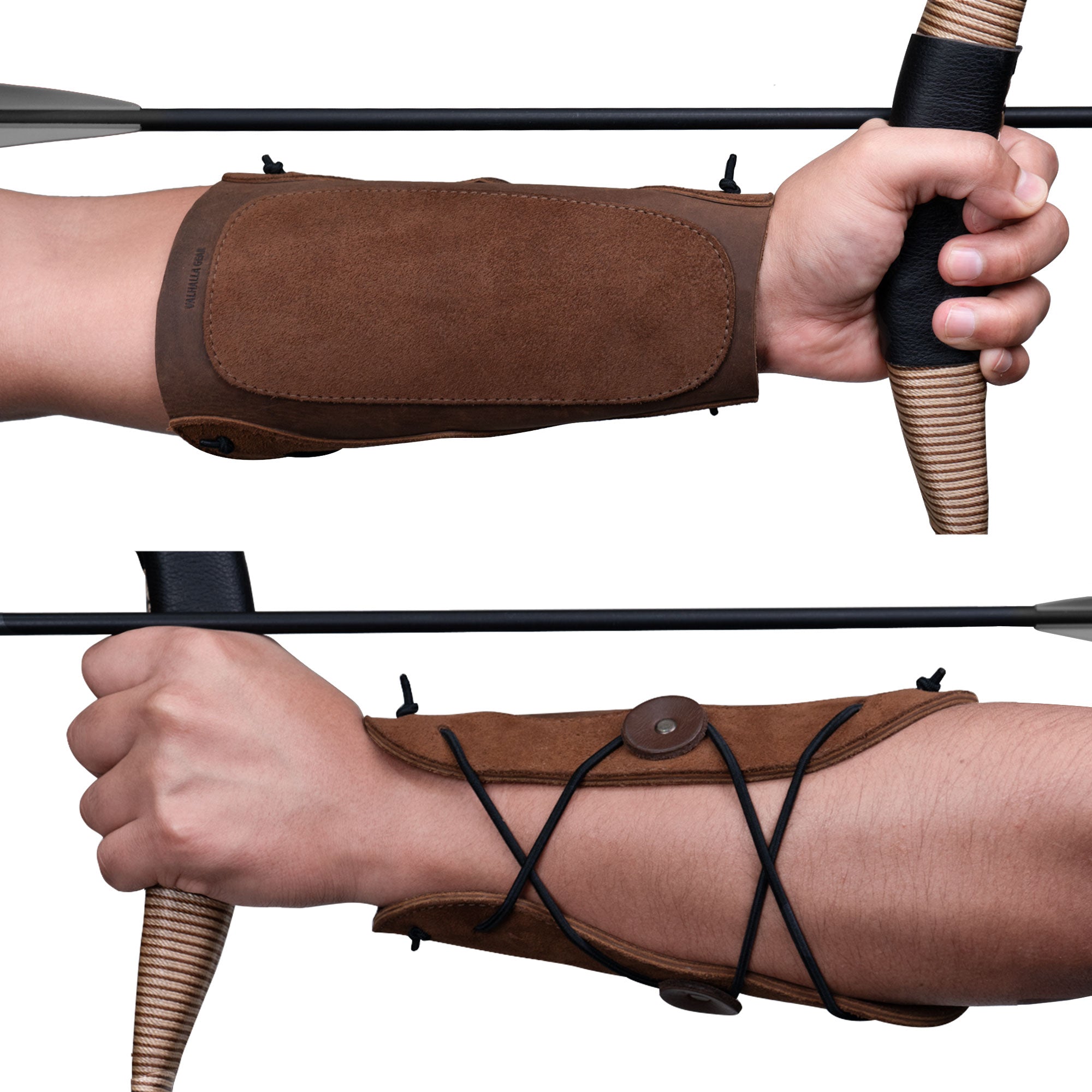 A person's arm wearing the Elastic Archery Bracer from Valhalla Gear, showcasing the comfortable fit and design, perfect for bow shooting practice. This forearm protector features adjustable buckle straps, crafted from full grain leather for durability, and is ideal for cosplay, handmade in La Antigua Guatemala and Oaxaca Mexico.