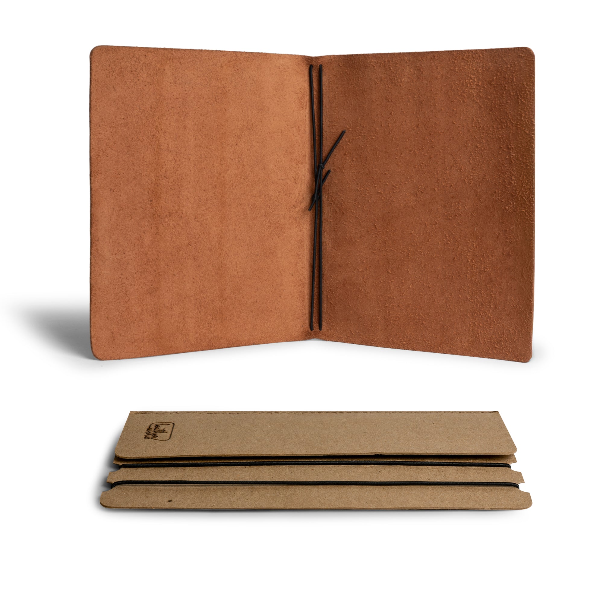 Rustic cover for A5 notebooks (5.75 x 8.25 in.) by Leather Worx, featuring extra elastics for organization, crafted from full grain leather, showcasing StockyardX's small batch production, with a hand cut and hand sewn design, fire branded, artisan crafted, handmade in La Antigua Guatemala & Oaxaca Mexico.