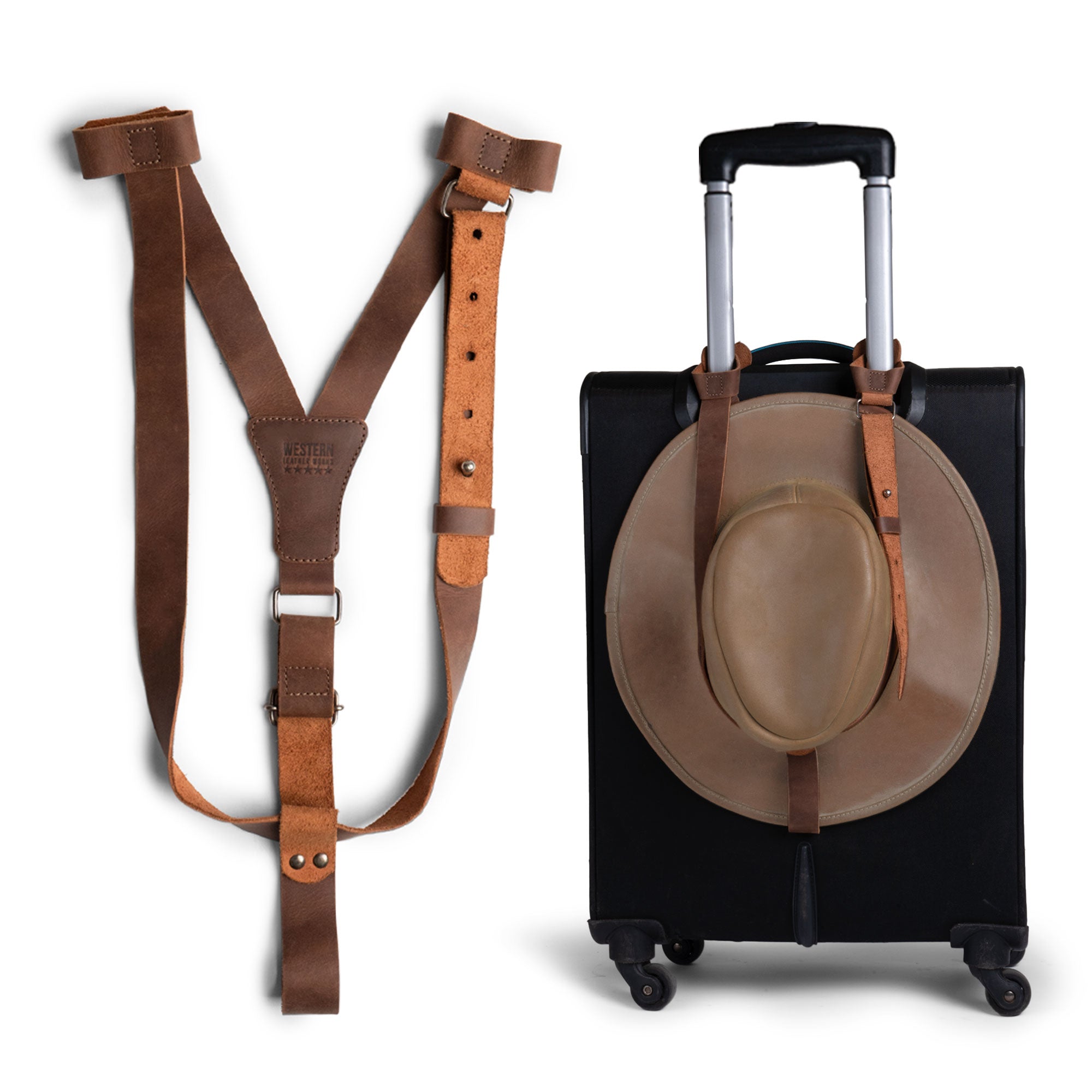 Travel Hat Harness by Western Leather Works, showcasing a durable full grain leather harness designed for easy transport of hats. Perfect as a hat holder for travel, the Travel Hat Harness securely attaches to luggage, purses, and backpacks. This artisan-made accessory features small batch production techniques, including hand-cut and hand-sewn construction in La Antigua Guatemala.