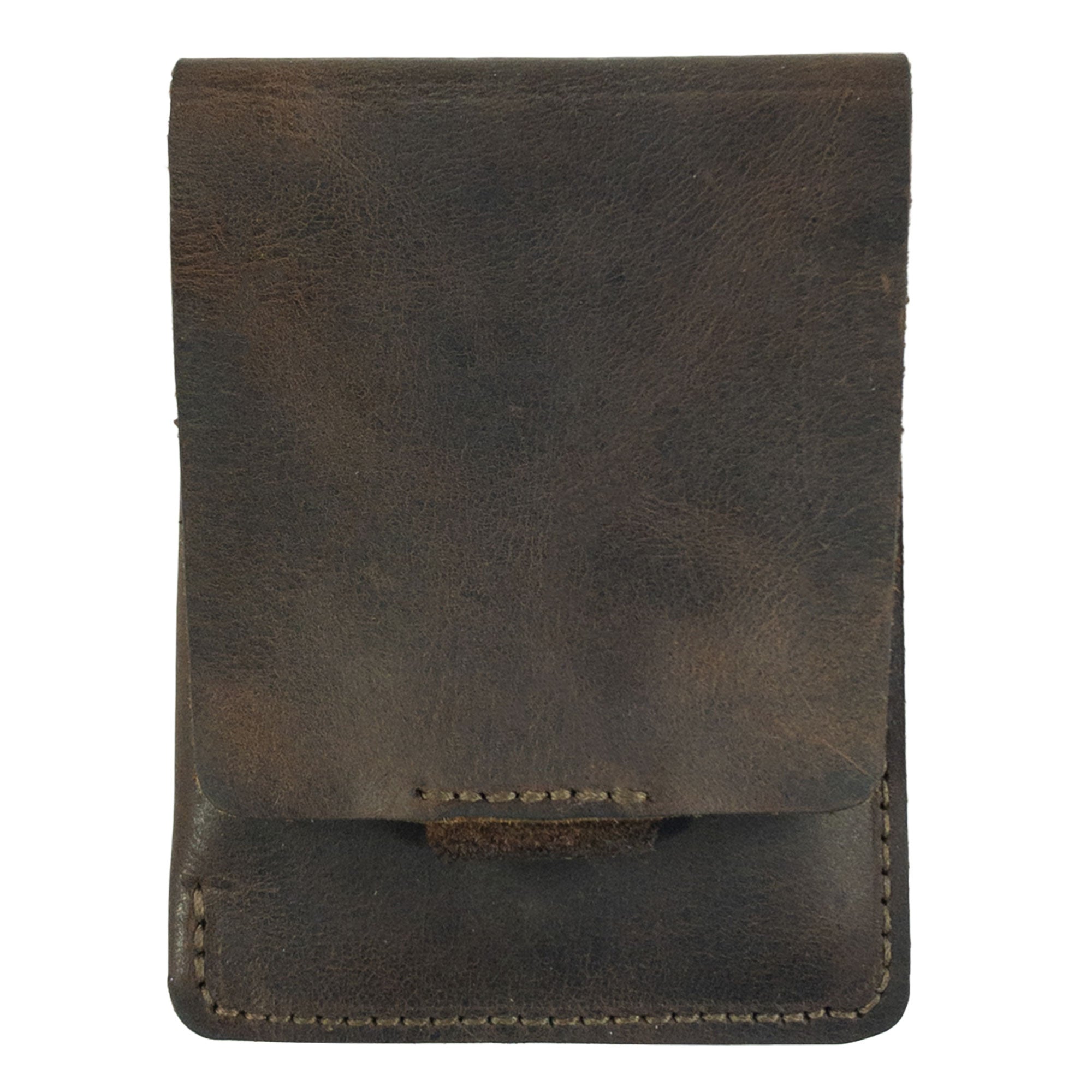 Hide & Drink Slim Card Holder in Full Grain Leather, a stylish vertical card holder designed to hold up to 4 cards plus folded bills, perfect as a pocket wallet and card & cash organizer. Handmade in La Antigua Guatemala, showcasing small batch production with hand cut and hand sewn techniques, featuring fire branded artisan details.