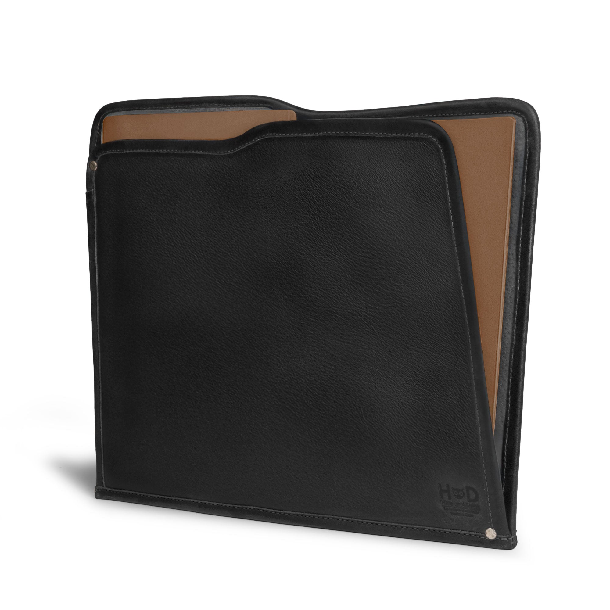 A sleek black Manila Folder by Hide & Drink, representing a modern take on the classic Document Holder. Constructed from Full Grain Leather through Small Batch Production, it embodies the dedication to artisan craftsmanship from La Antigua Guatemala and Oaxaca Mexico.