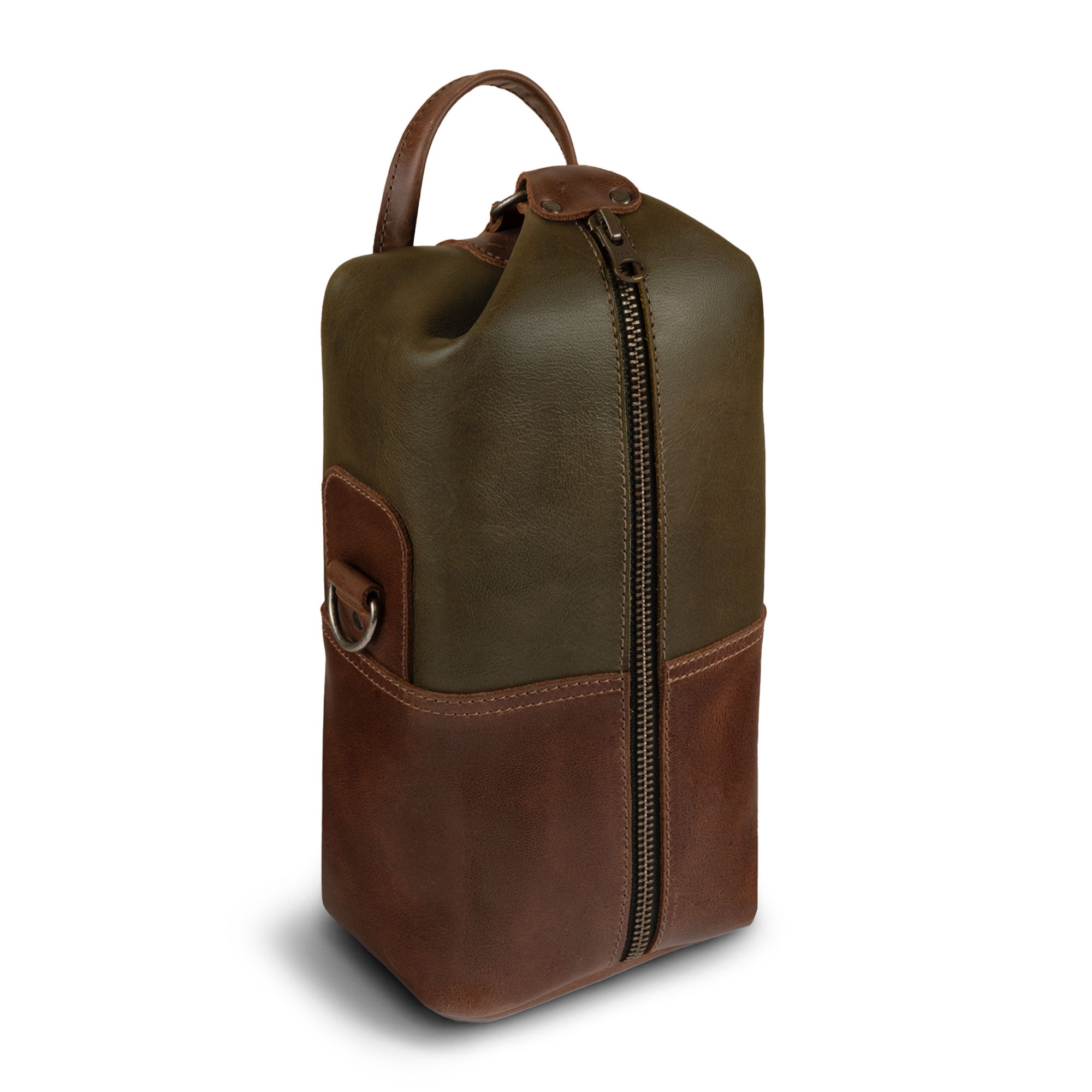 The Vintage Adventure Dopp Kit by Littlefield Chicago, crafted from full grain leather, showcases its rustic charm and stylish design, perfect for travel as a compact toiletry bag and shaving bag for men, featuring a durable construction ideal for toiletries organization.