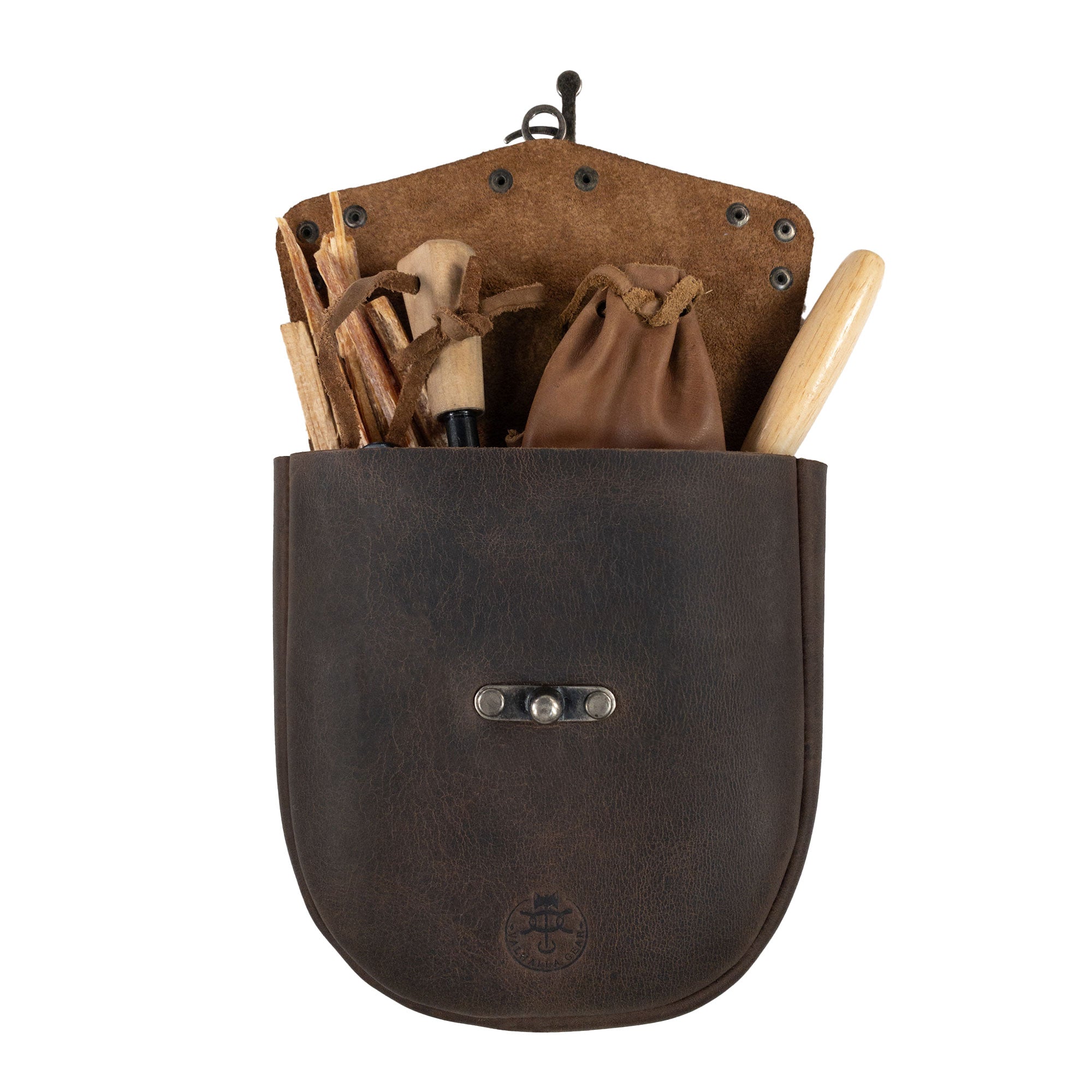 The Vintage Belt Pouch from Valhalla Gear, made of durable full grain leather, ideal for holding small notebooks, cell phones, and personal items, showcasing artisan craftsmanship from Antigua, Guatemala.