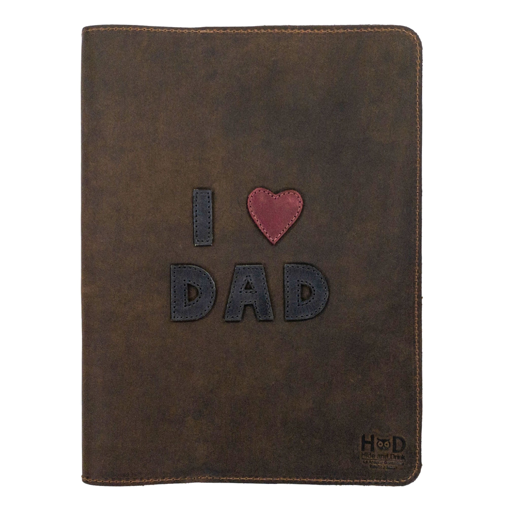 Open view of the interior of the champagne leather Full Grain Leather Journal Cover for Moleskine Cahier XL (7.5 x 9.75 in.) by Hide & Drink, featuring a cozy bookmark. A great fit for those who write extravagantly.