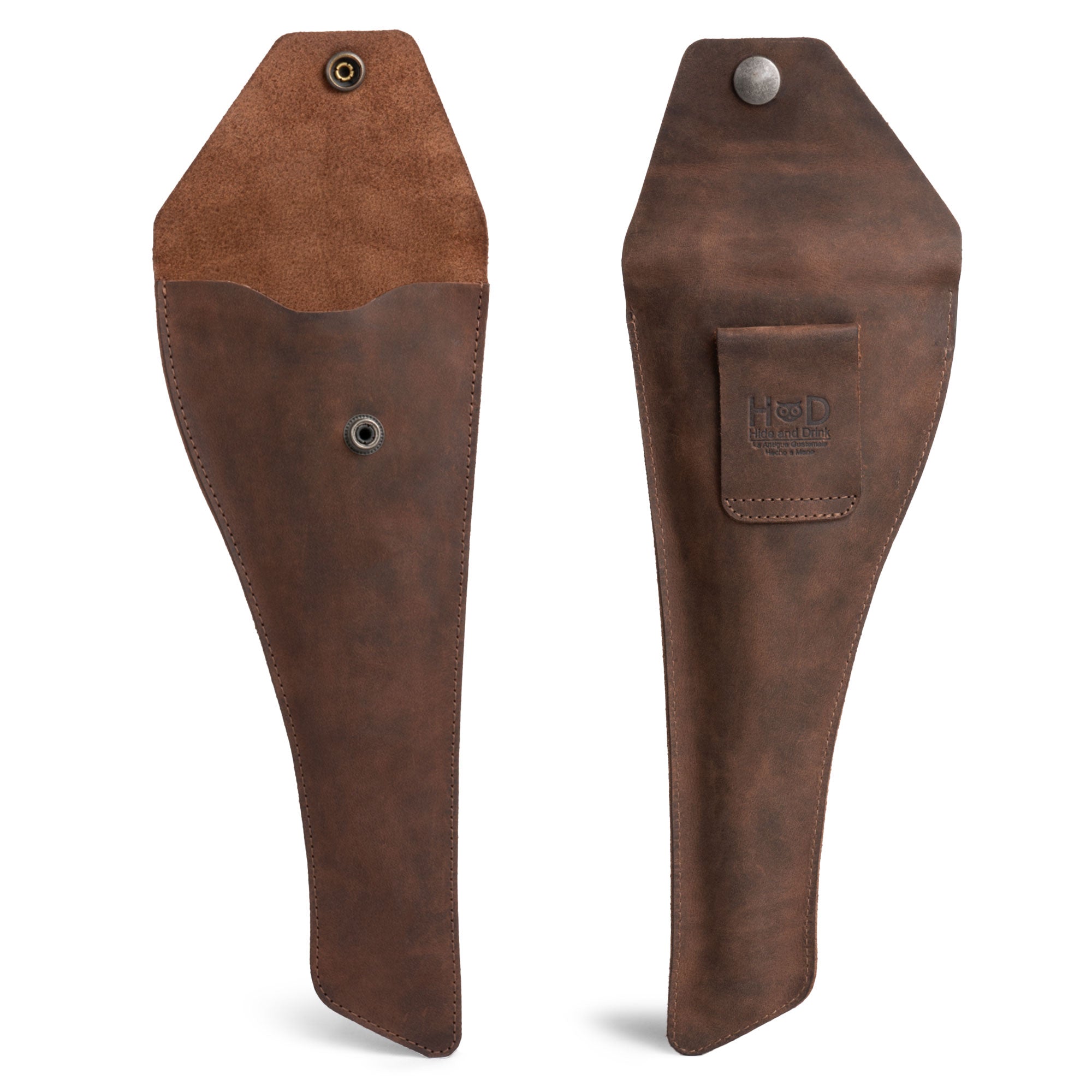 Stylish Hide & Drink Vernier Caliper Sleeve made from Full Grain Leather, featuring a functional design for your measuring tools. This high-quality Measuring Tool Pouch is hand cut and hand sewn, highlighting artisan craftsmanship from La Antigua Guatemala.