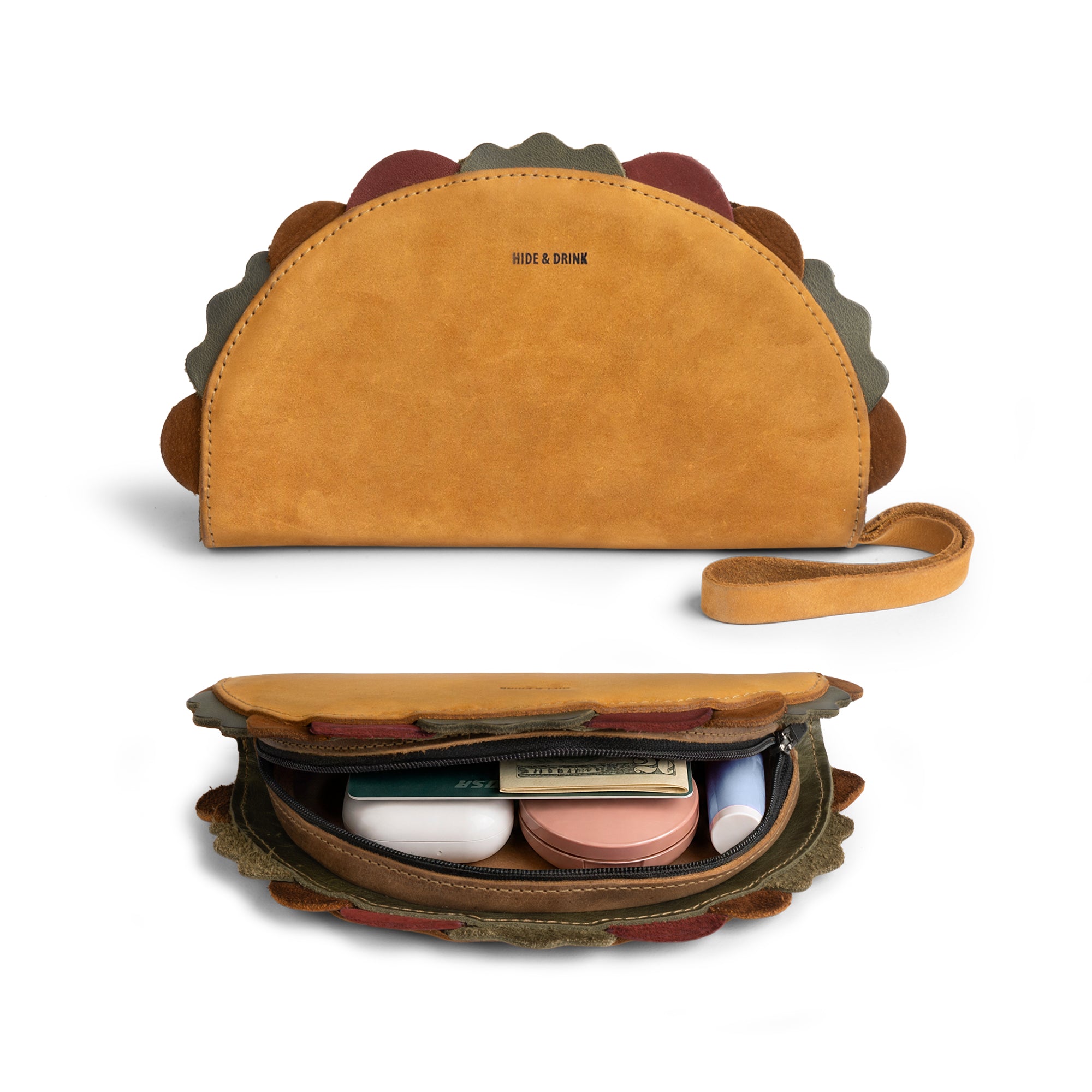 Explore the interior of the Multipurpose Taco Wallet by Hide & Drink, showcasing its thoughtful design and Full Grain Leather craftsmanship. A playful yet practical accessory, perfect for travel and back-to-school, making it an ideal gift option for graduation or for him. Adding this wallet to your accessories collection enhances your style with a unique flair in the wallets and women's collection.