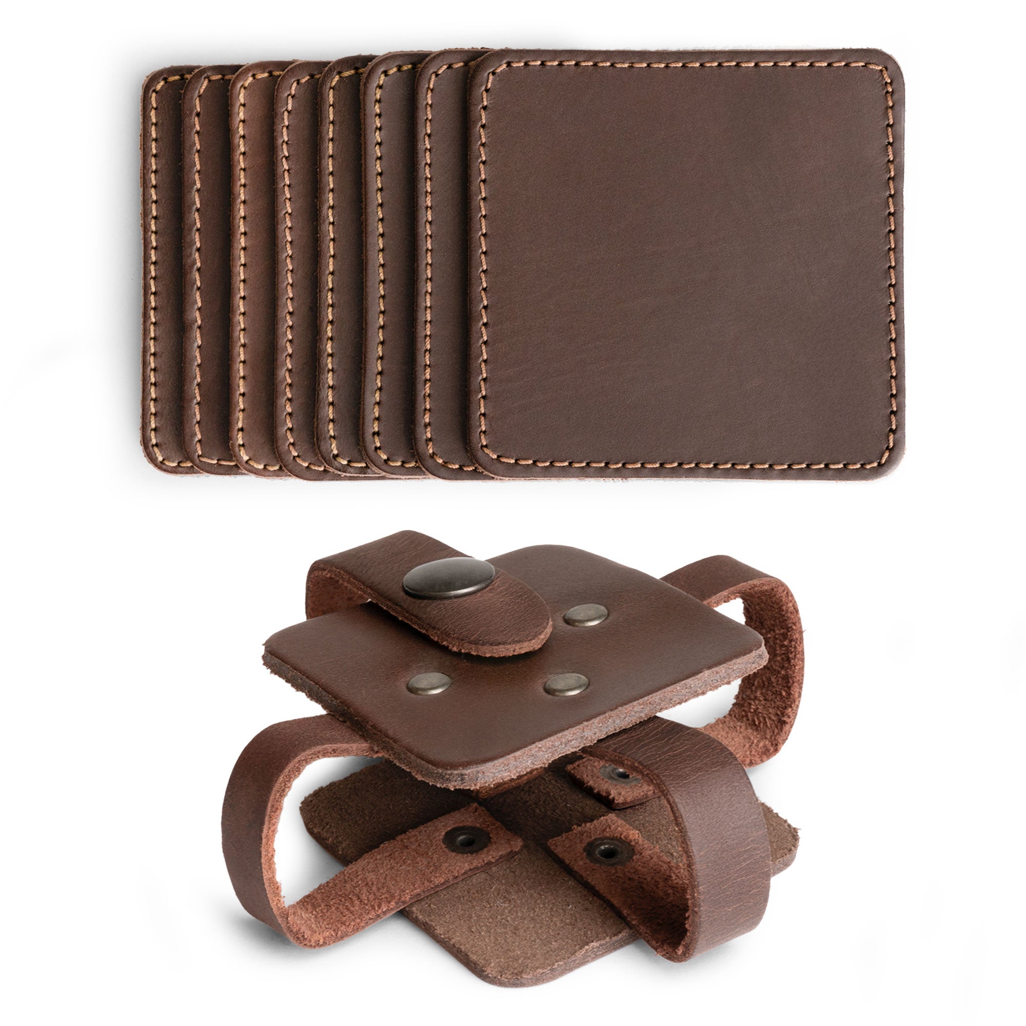 Vintage Squared Coaster (8 pack) by Hide & Drink showcasing individual coasters stacked neatly. These coasters set of 8 offer excellent table protection for drinks and are a chic accessory for home or office spaces. Made from high-quality full grain leather through artisan small batch production, each piece is hand cut, hand sewn, and proudly fire branded in La Antigua Guatemala & Oaxaca Mexico.