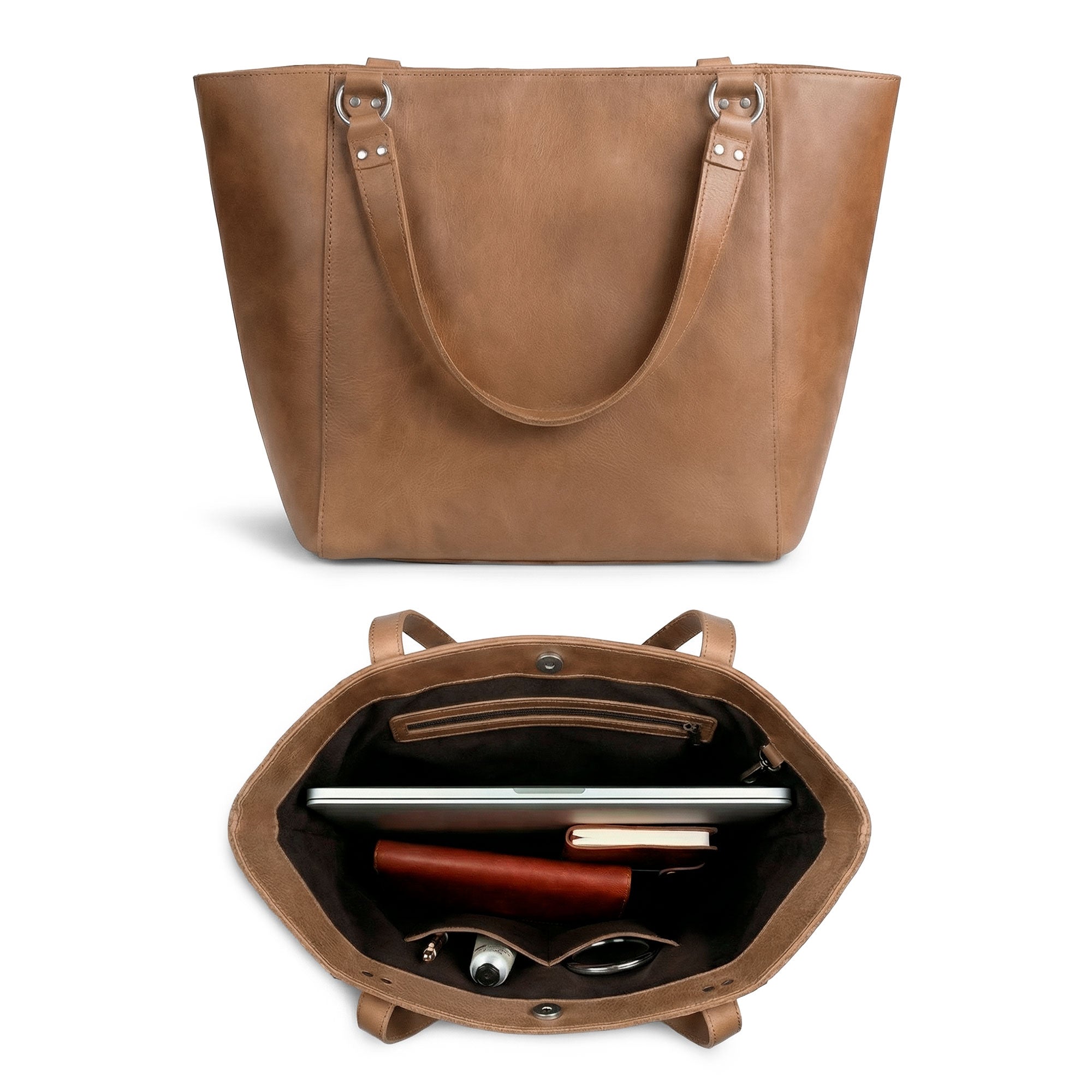 Inside view of the Leather Formal Handbag by Hide & Drink, revealing its spacious compartments and Full Grain Leather craftsmanship. This versatile bag serves as a Female Formal Handbag, Shoulder Bag, or Shopping Bag, and is ideal for girls. Handmade in La Antigua Guatemala & Oaxaca Mexico.