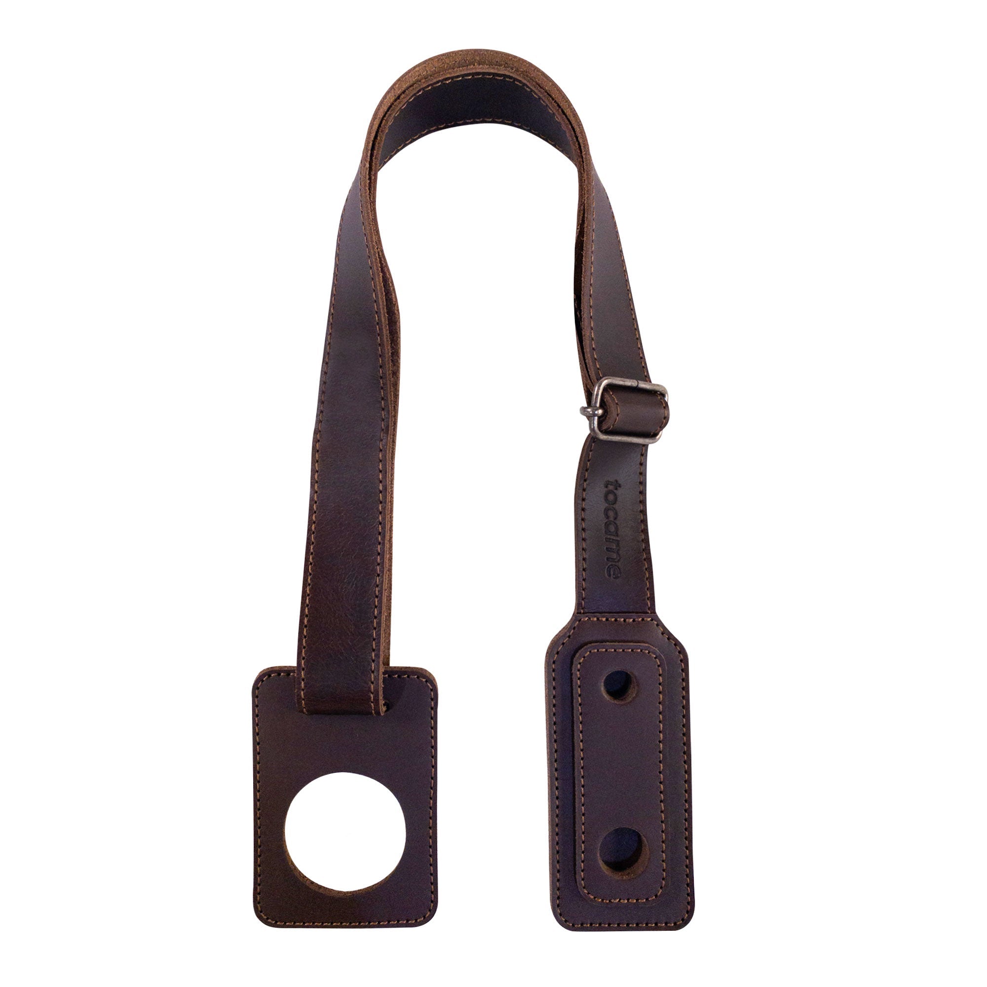 The Cello Endpin Adjustable Strap Stopper by tocame displayed flat, emphasizing its sturdy construction as a floor protector and musician accessory. Made with full grain leather, this artisan product is hand cut, hand sewn, and fire branded, showcasing quality craftsmanship.