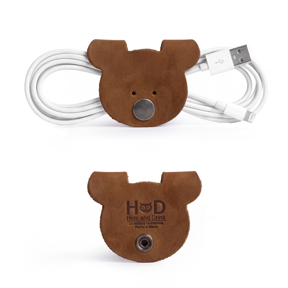 Back view of Bear Shaped Cord Keepers (Cord Clam) by Hide & Drink, showcasing quality Full Grain Leather and fire branded craftsmanship. Artisan made in La Antigua Guatemala & Oaxaca Mexico. Small Batch Production.