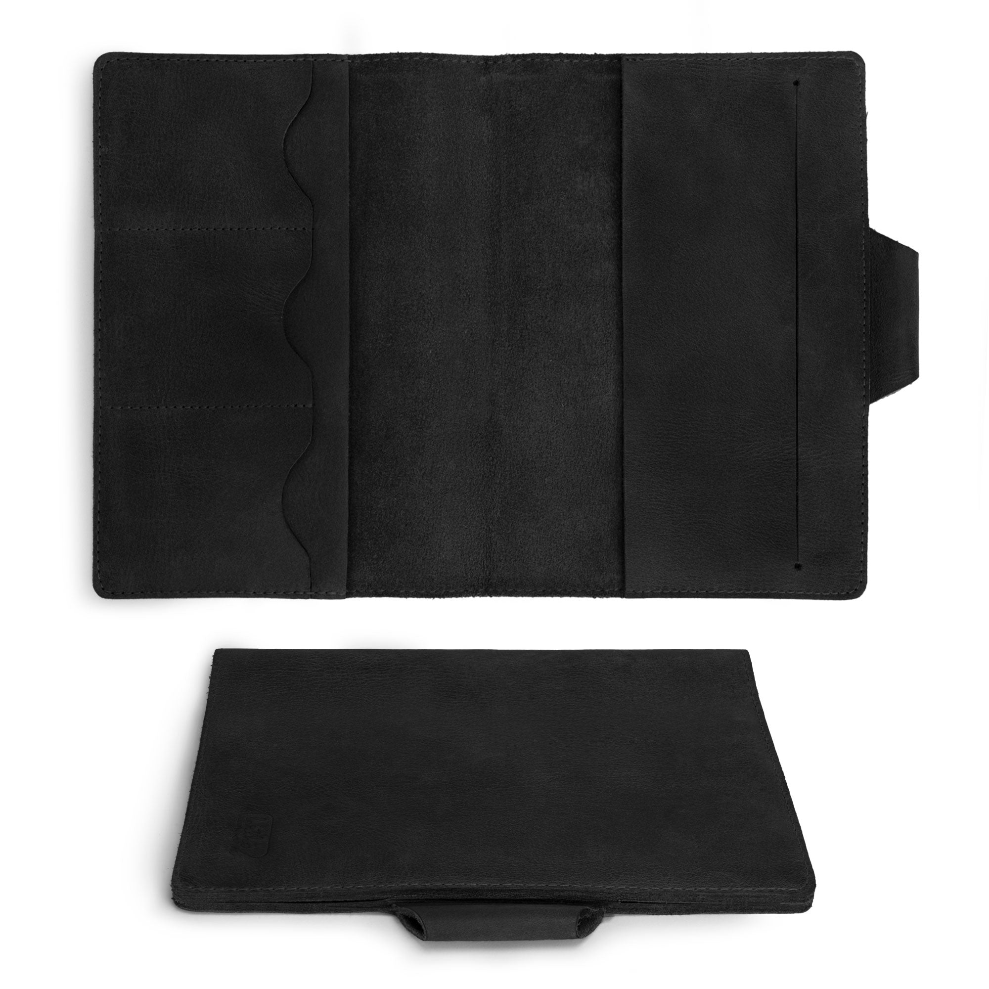 A5 Notebook Cover with Card Slots by Leather Worx, featuring the interior layout in classic black. This rustic cover for Leuchtturm A5 Notebook with Card Slots (Notebook Not Included) combines minimalist aesthetics with durable full grain leather. StockyardX, small batch production, hand cut, hand sewn, fire branded, and artisan-made in La Antigua Guatemala.