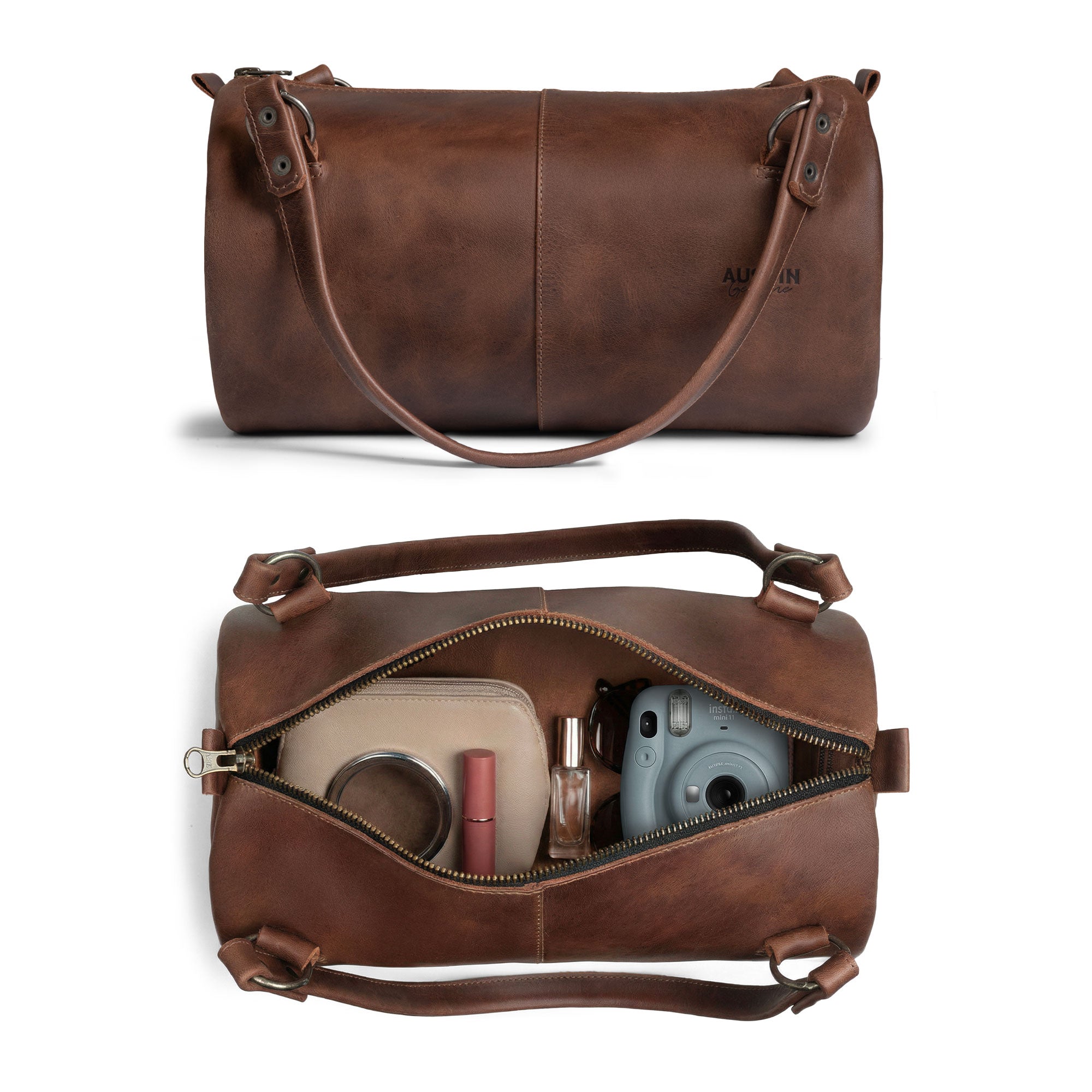 Inside view of The Rosedale Mini Duffle Bag Handbag by Austin Genuine, highlighting its spacious interior lined with essentials like lip balm and a camera. Crafted from full grain leather, it's hand cut, hand sewn, and fire branded, reflecting the artisan quality of small batch production from La Antigua Guatemala & Oaxaca Mexico.