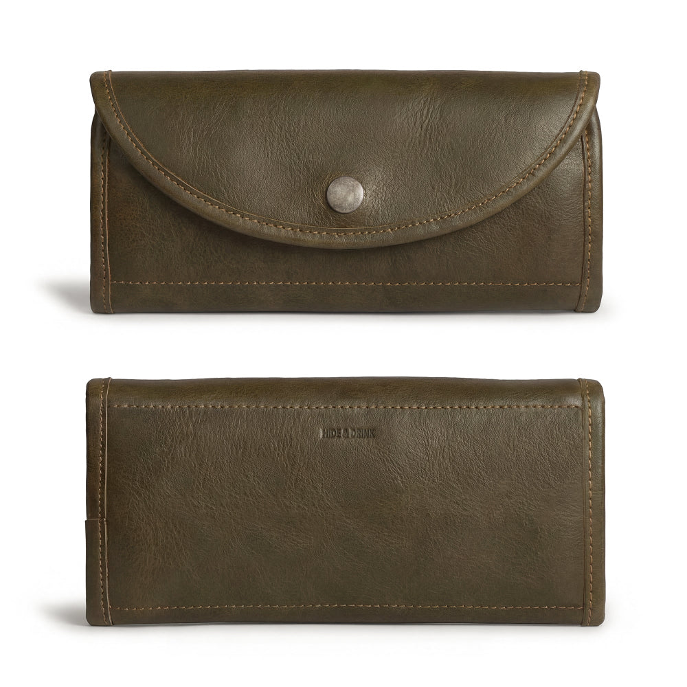 Back view of the olive green Single Snap Zippered Wallet by Hide & Drink, showcasing its minimalist design. This Snap Clutch Wallet for Women functions as a reliable money holder and card organizer with a zippered pouch, artisan crafted from full grain leather in La Antigua Guatemala.