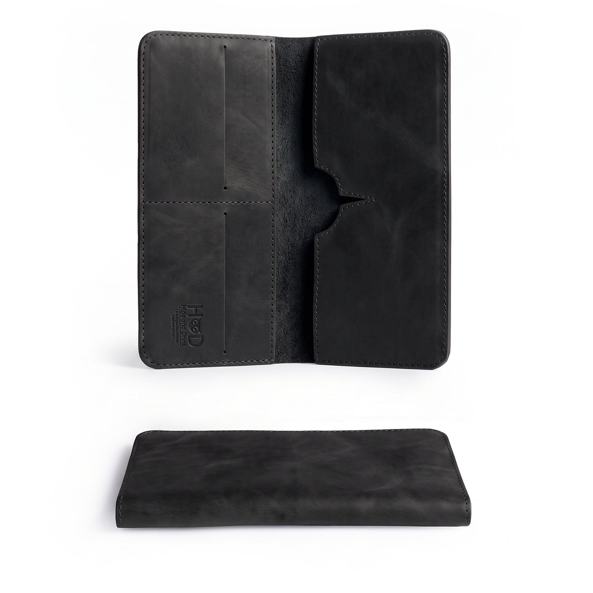 Interior view of the black bifold wallet for cellphone by Hide & Drink, showing slots for cards and cash. This streamlined Bifold Wallet for Cellphone is constructed from durable Full Grain Leather, highlighting artisan craftsmanship. Proudly made in small batches by artisans in La Antigua Guatemala & Oaxaca Mexico.