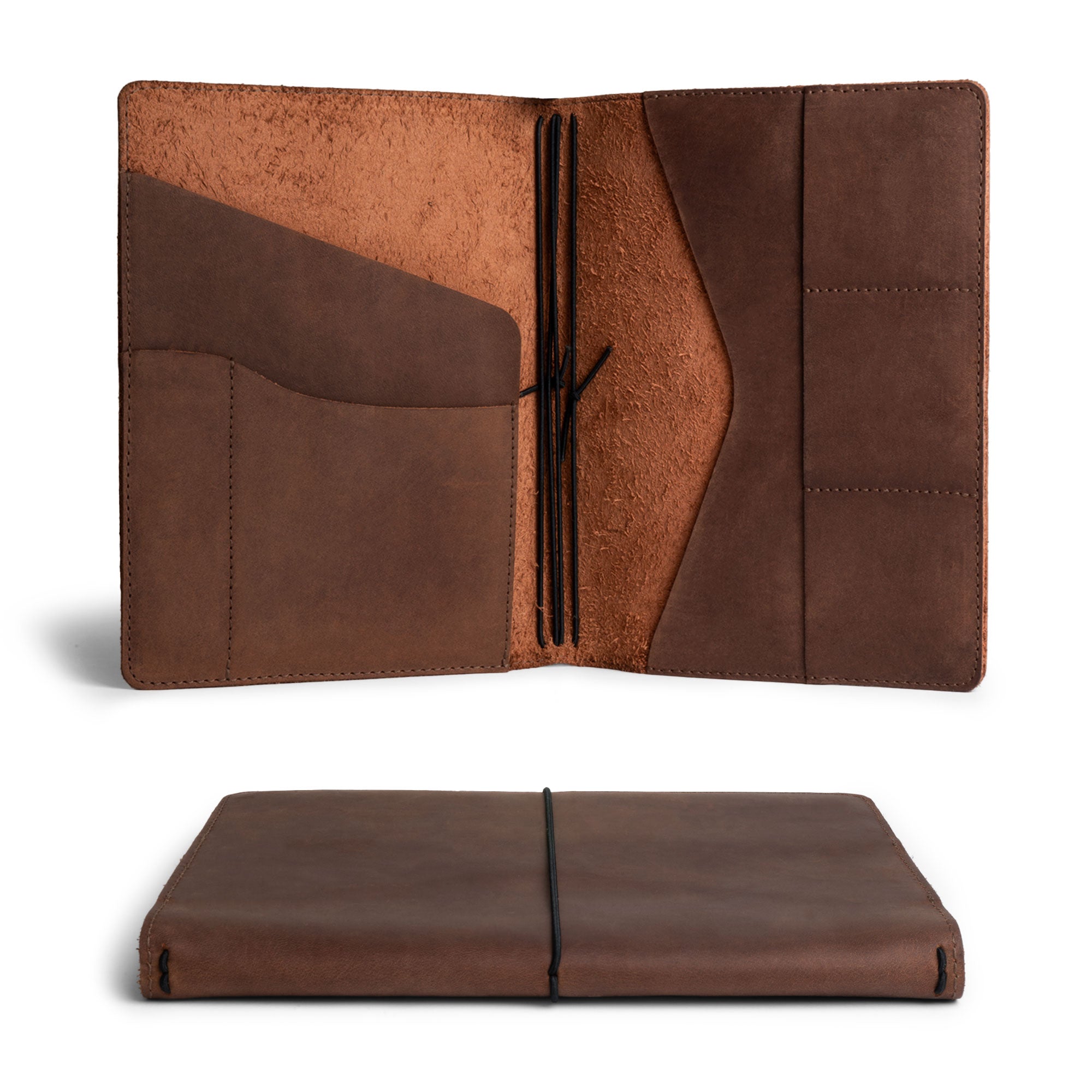 Refillable Cover for A5 Notebooks (5.75 x 8.25 in.) by Leather Worx, featuring an open view of the Classic Cover with slots, demonstrating the rich full grain leather craftsmanship from small batch production, hand cut, hand sewn, fire branded, artisan quality, handmade in La Antigua Guatemala & Oaxaca Mexico.