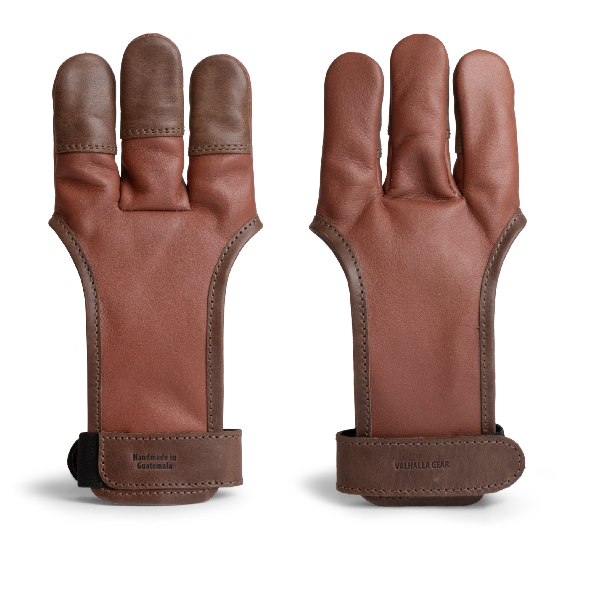The Valhalla Gear 3-Finger Archery Glove displayed from the front and back views. This artisan-crafted leather glove features durable full grain leather and is perfect for archery sports. A great finger tab for archers, this handmade protective accessory is suitable for both hunting and training, crafted with care in La Antigua Guatemala & Oaxaca Mexico.