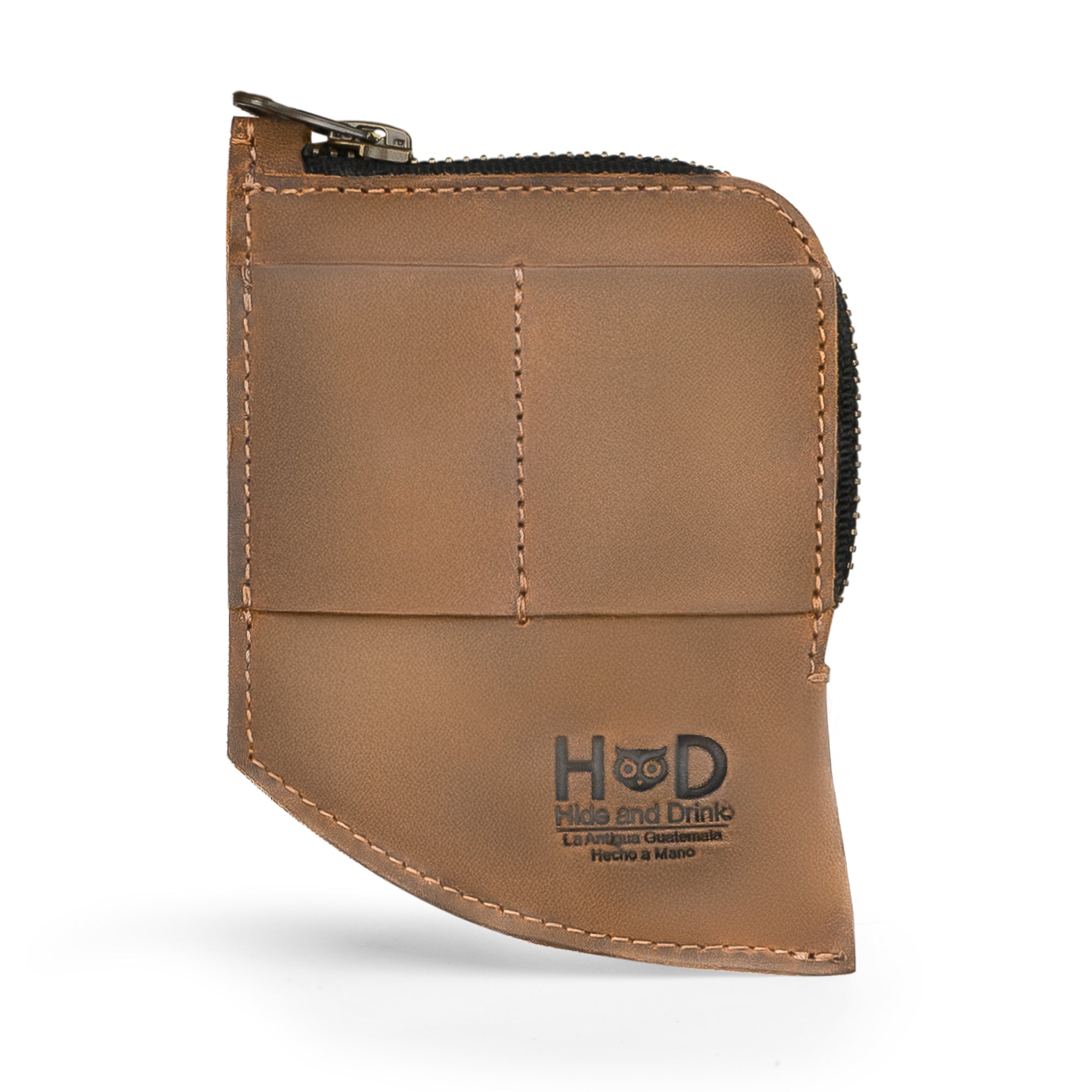 Hide & Drink EDC Pocket Wallet dimensions laid out next to a pocket knife, showcasing its slim profile and utility as a money clip and card holder.