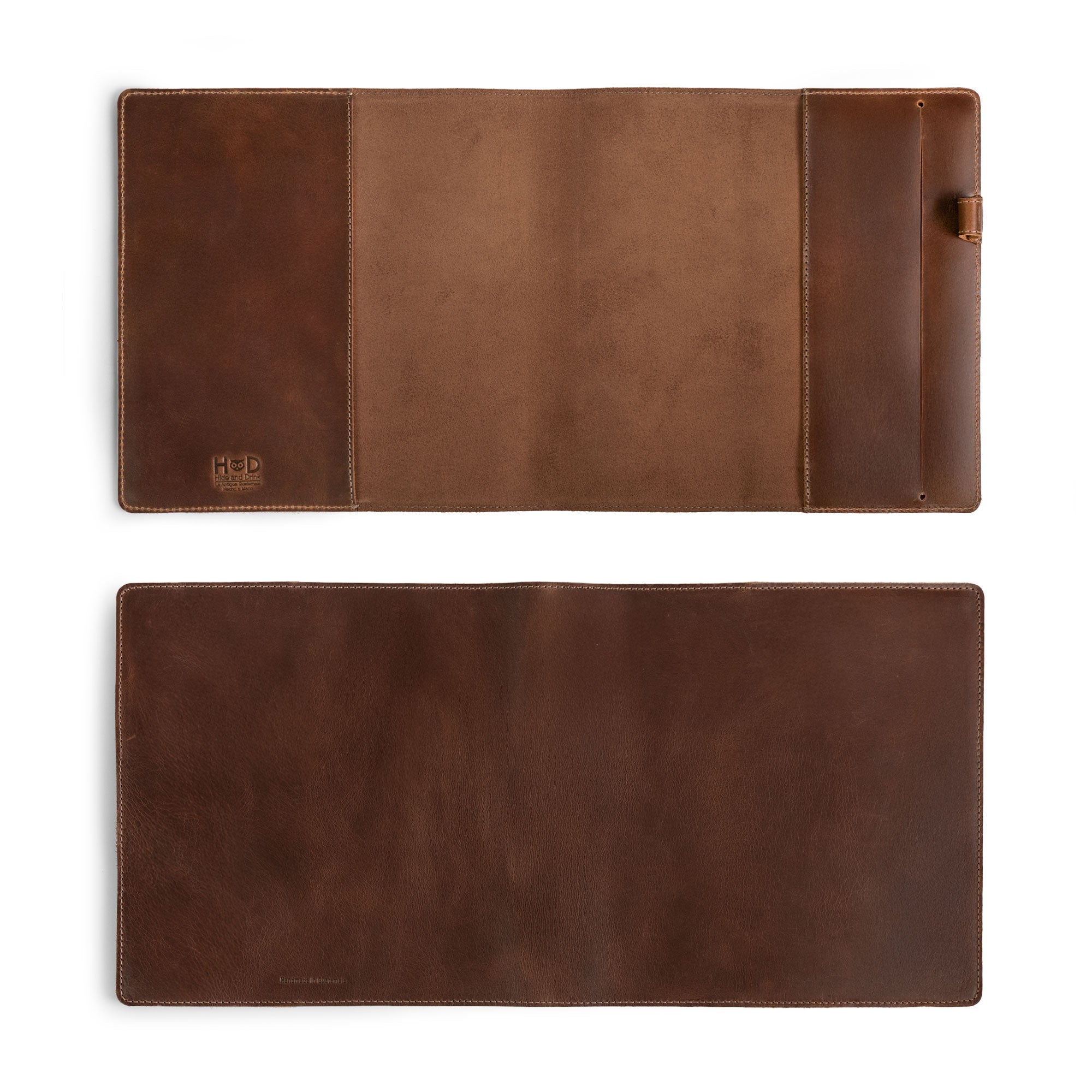 Open view of the Cover for Leuchtturm1917 Sketchbook Hardcover Square Size (225 x 225 mm) by Hide & Drink, highlighting its luxurious full grain leather. This notebook case emphasizes small batch production with hand cut and hand sewn elements, featuring fire branded details, crafted in La Antigua Guatemala & Oaxaca Mexico.