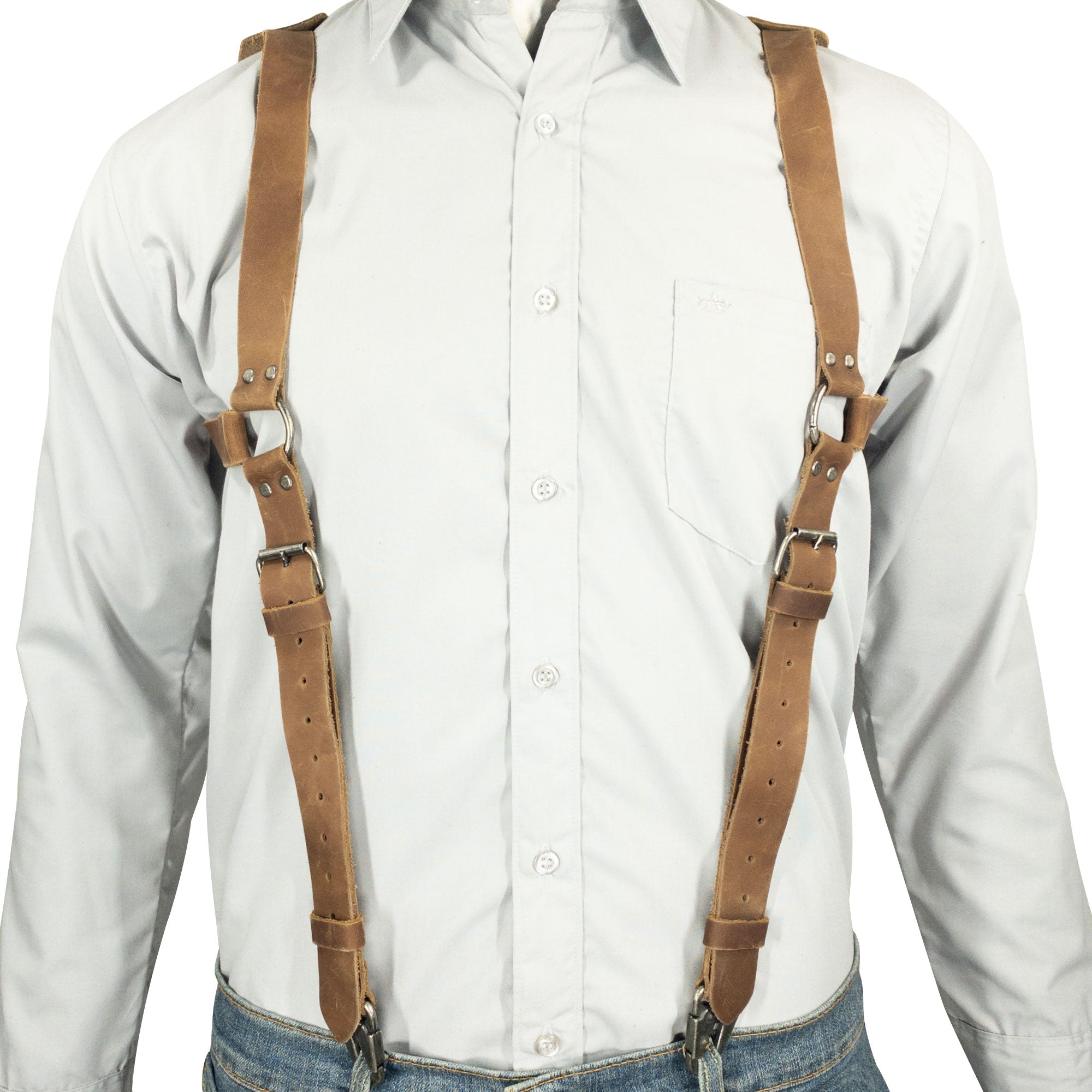 Close-up of the adjustable straps on Vintage Renaissance Suspenders by Hide & Groom, emphasizing the meticulous artisan work with full grain leather and durable metal hooks.