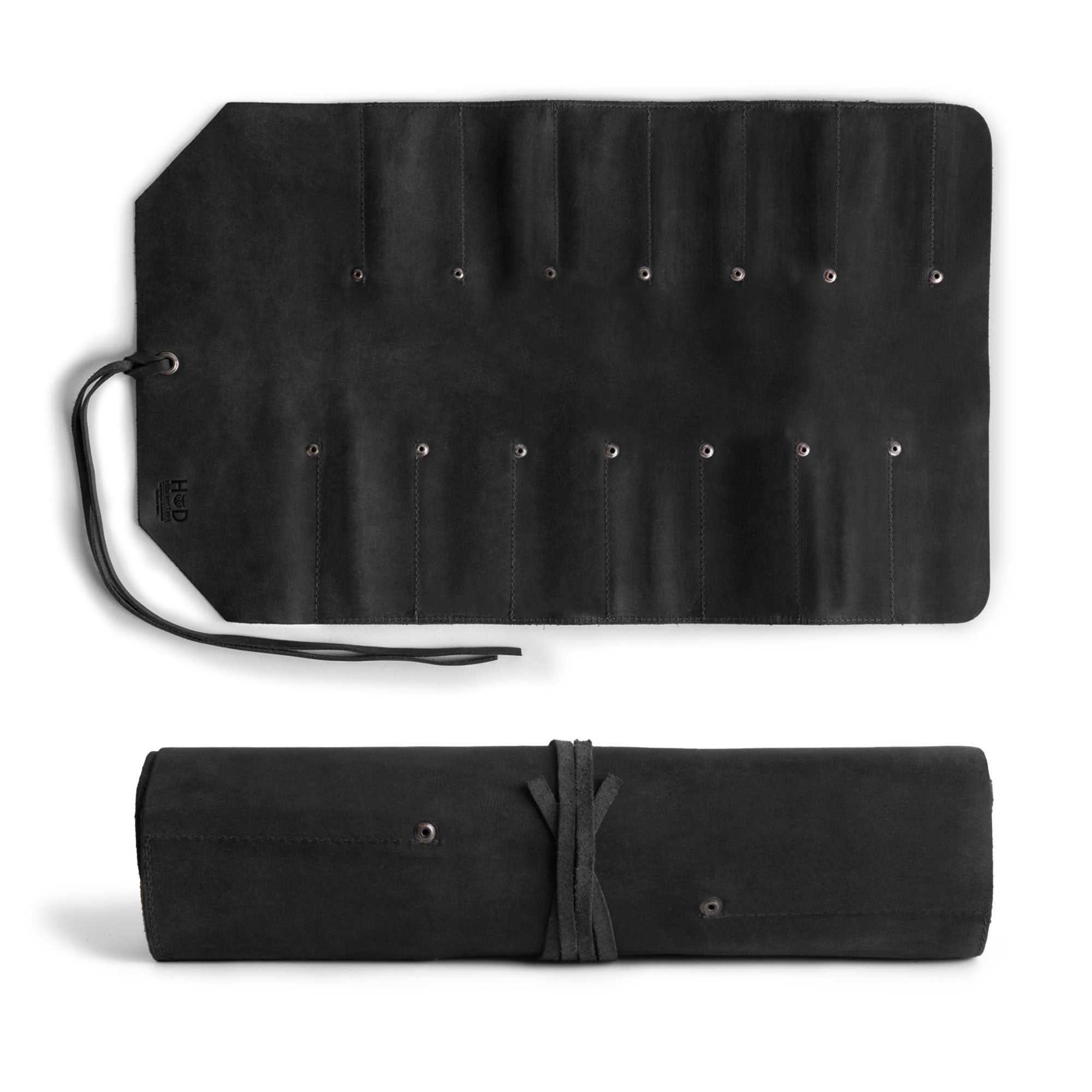 Hide & Drink Tool Roll (12 Pockets): Detailed close-up of the elegant leather texture and meticulous craftsmanship of the tool roll. Tool Bag Roll Up, 12 Slot Heavy Duty Tool Roll Bag Organizer, Tool Roll Up Bag, Portable Tool Wrap Roll Bags for Travel, Durable Tool Kit Folding Tool Pouch Roll Up Mechanic Gifts for Men, Full Grain Leather, StockyardX, Small Batch Production, Hand Cut, Hand Sewn, Fire Branded, Artisan, Handmade in La Antigua Guatemala & Oaxaca Mexico.