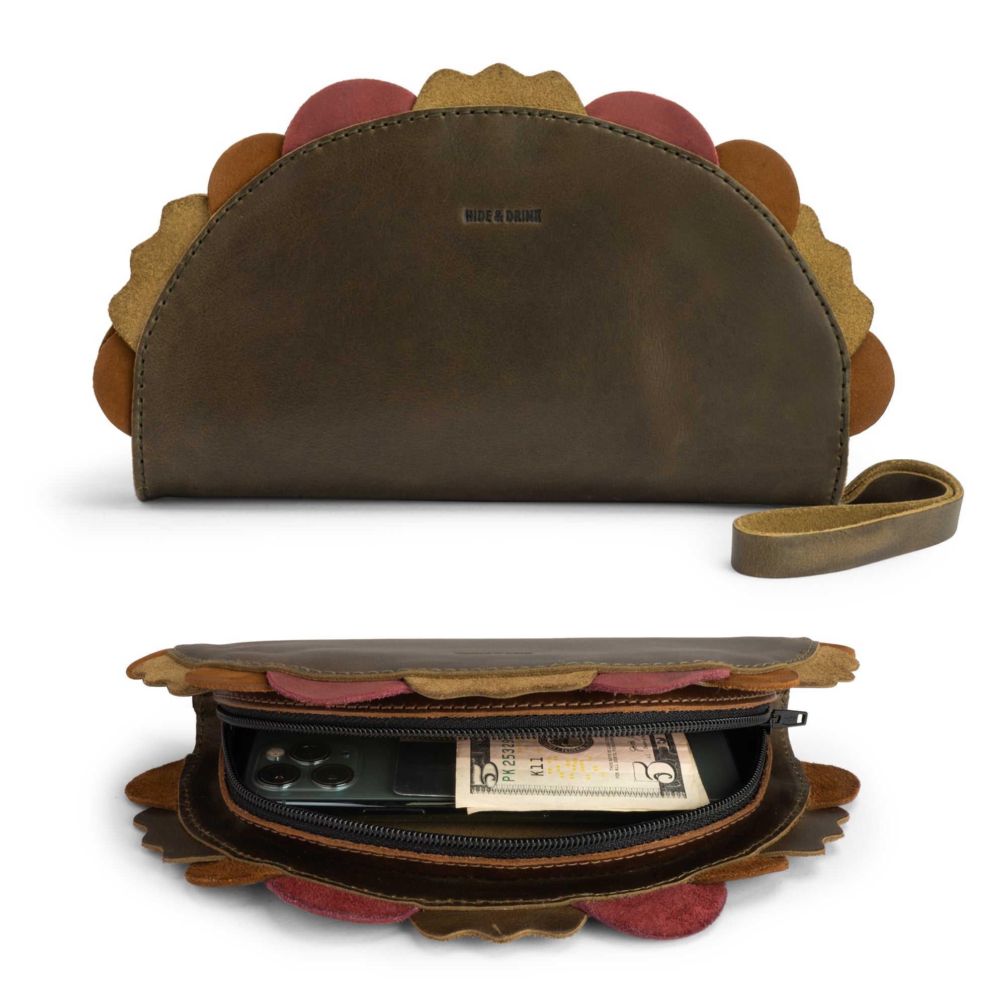 Inside view of the Multipurpose Taco Wallet by Hide & Drink, showing its thoughtful organization in Full Grain Leather. An ideal accessory for travel and back-to-school, this wallet is perfect for graduation gifts or gifts for him, making it a fun addition to your wallets and women's collection while enhancing your overall accessories collection.