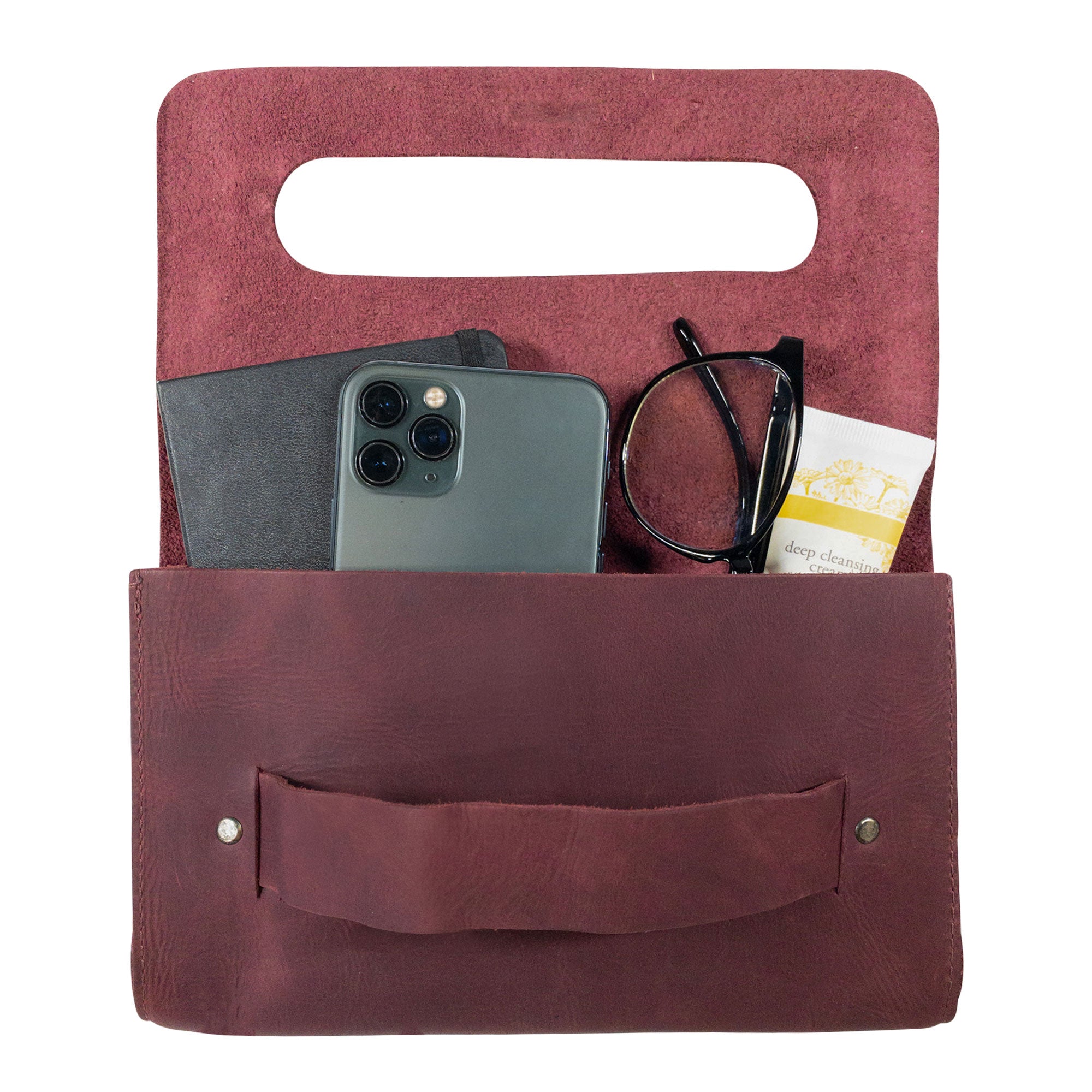 Interior view of the maroon Clutch Bag With Handle by Hide & Drink, displaying its organization. This Full Grain Leather Clutch Bag with Handle is ideal for stylish women, handmade with care in La Antigua Guatemala & Oaxaca Mexico.